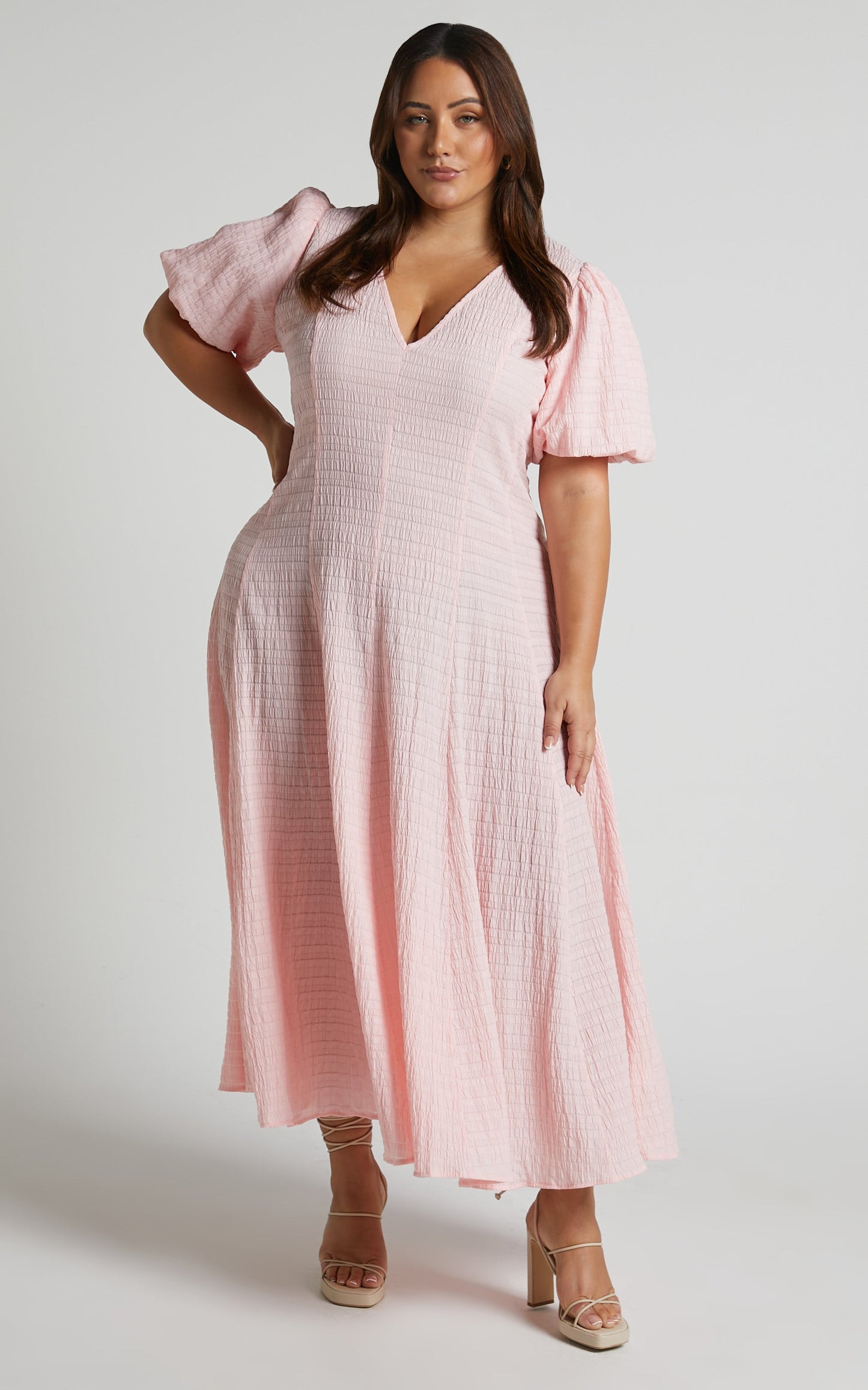 Jackelyn Midi Dress - Puff Sleeve V Neck Dress in Pink