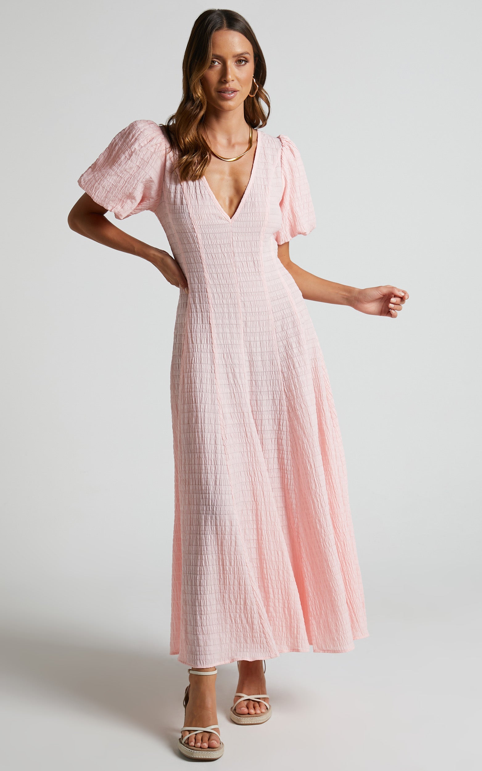 Jackelyn Midi Dress - Puff Sleeve V Neck Dress in Pink