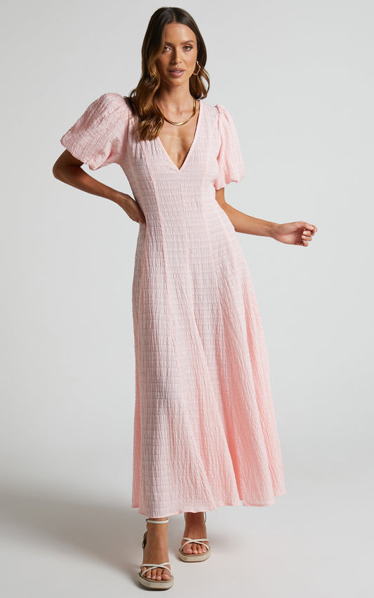 Jackelyn Midi Dress - Puff Sleeve V Neck Dress in Pink
