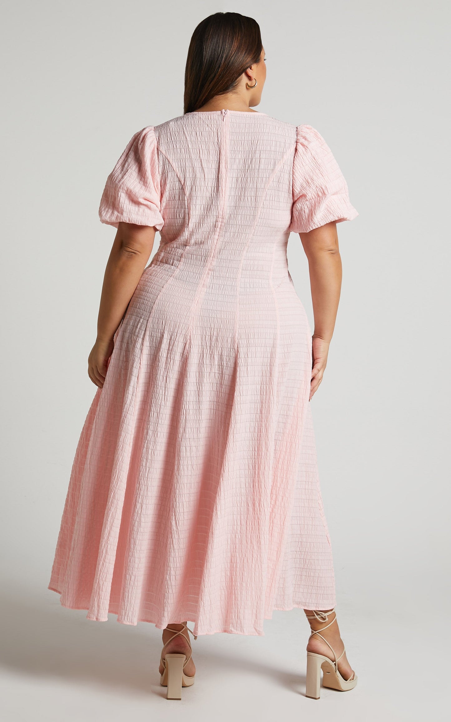 Jackelyn Midi Dress - Puff Sleeve V Neck Dress in Pink