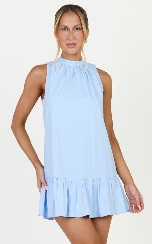 Jacqueline Mini Dress - Sleeveless Tie Detail Smock Dress in Pale Blue