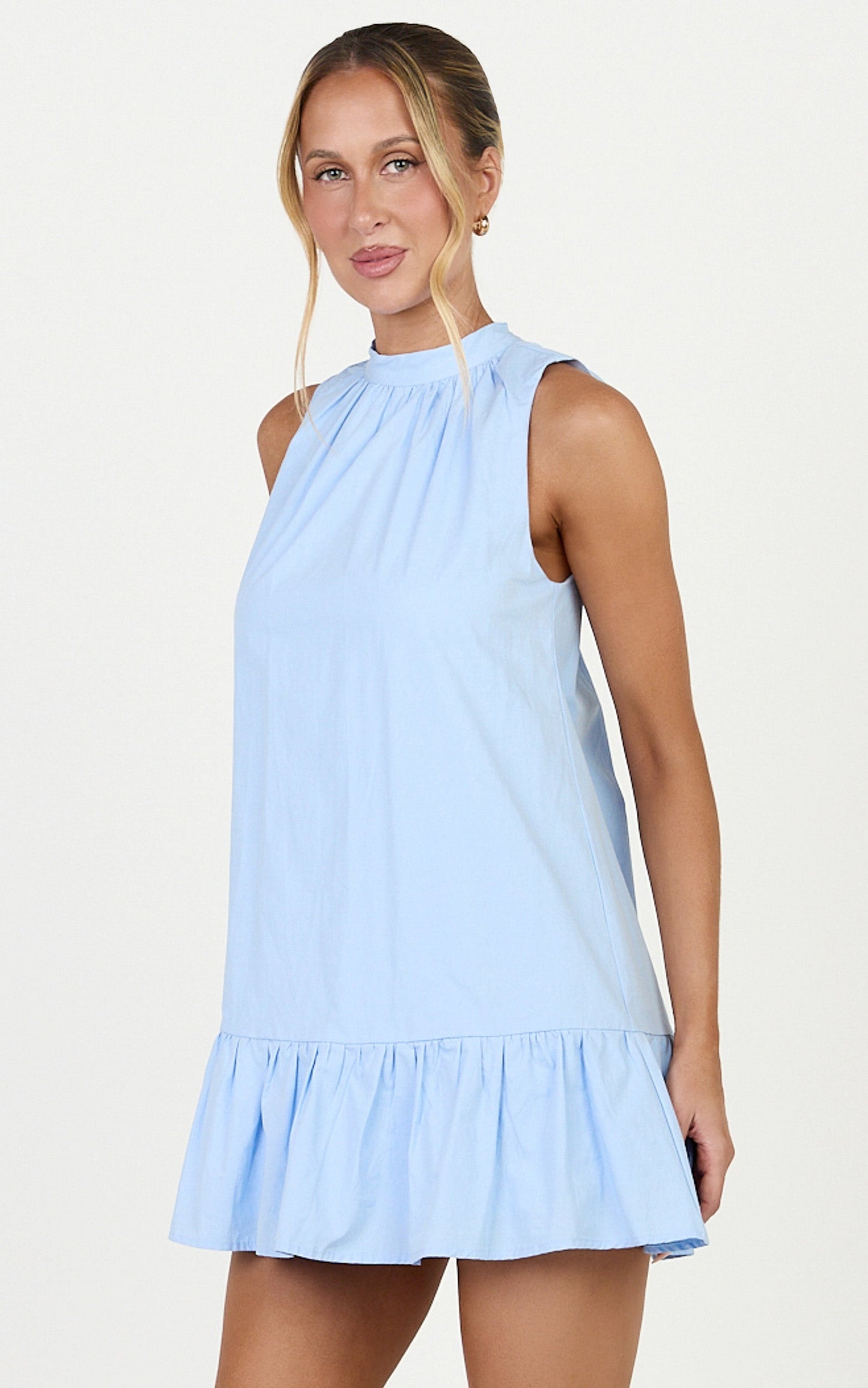 Jacqueline Mini Dress - Sleeveless Tie Detail Smock Dress in Pale Blue
