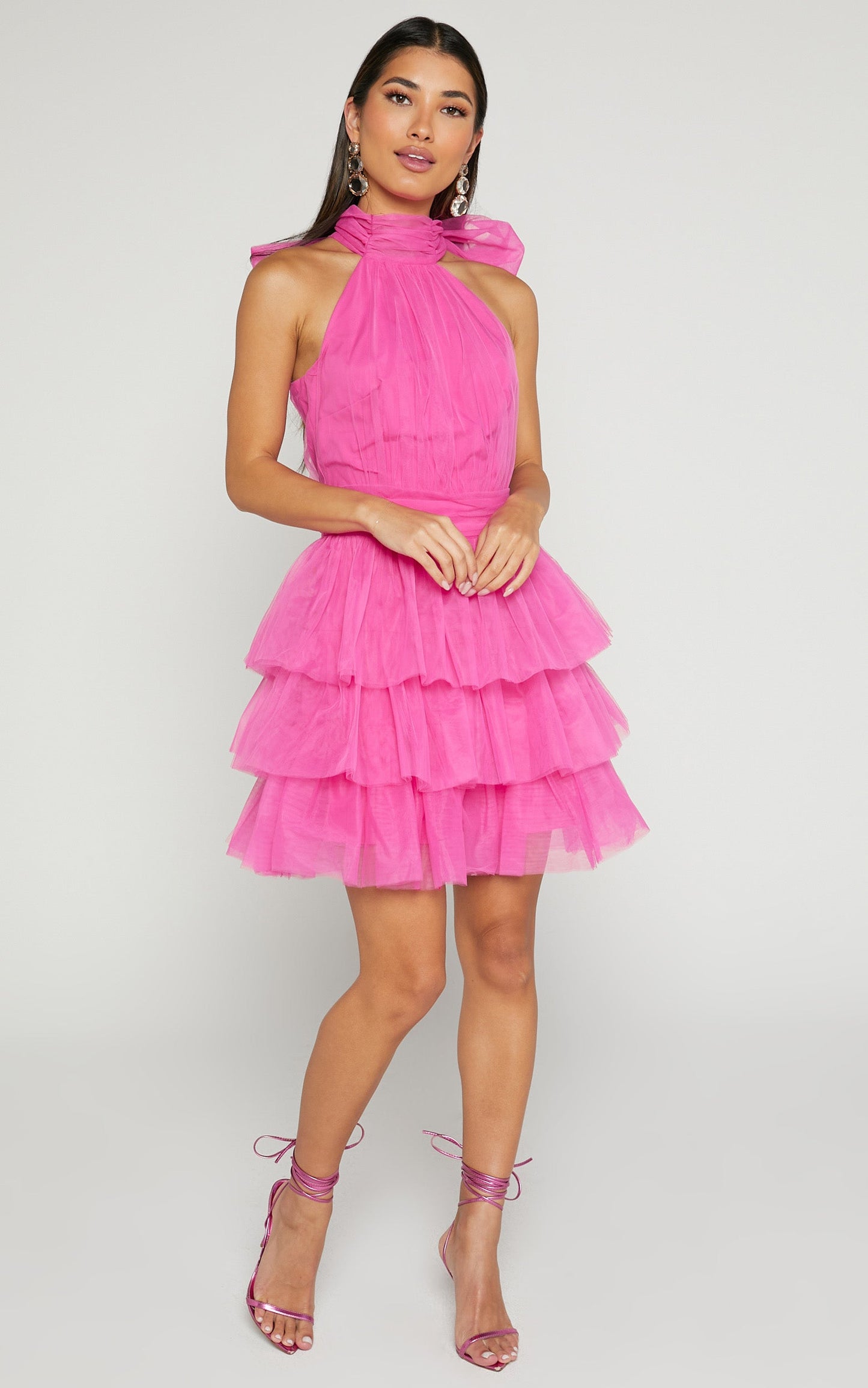 Jaden Mini Dress - Halter Neck Fit & Flare Dress in Pink