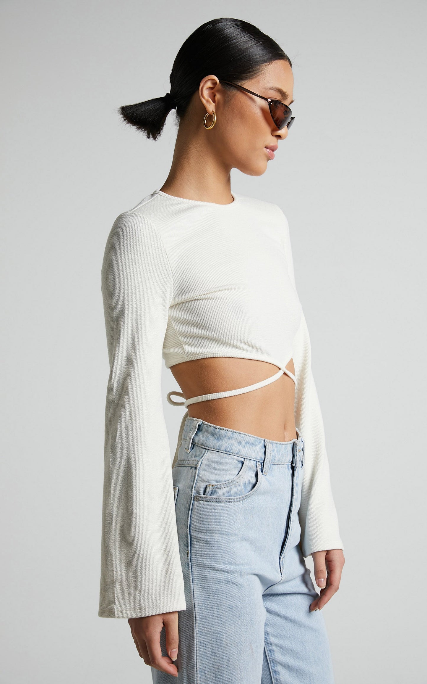 Jadine Top - Long Sleeve Tie Waist Crop Top in Cream