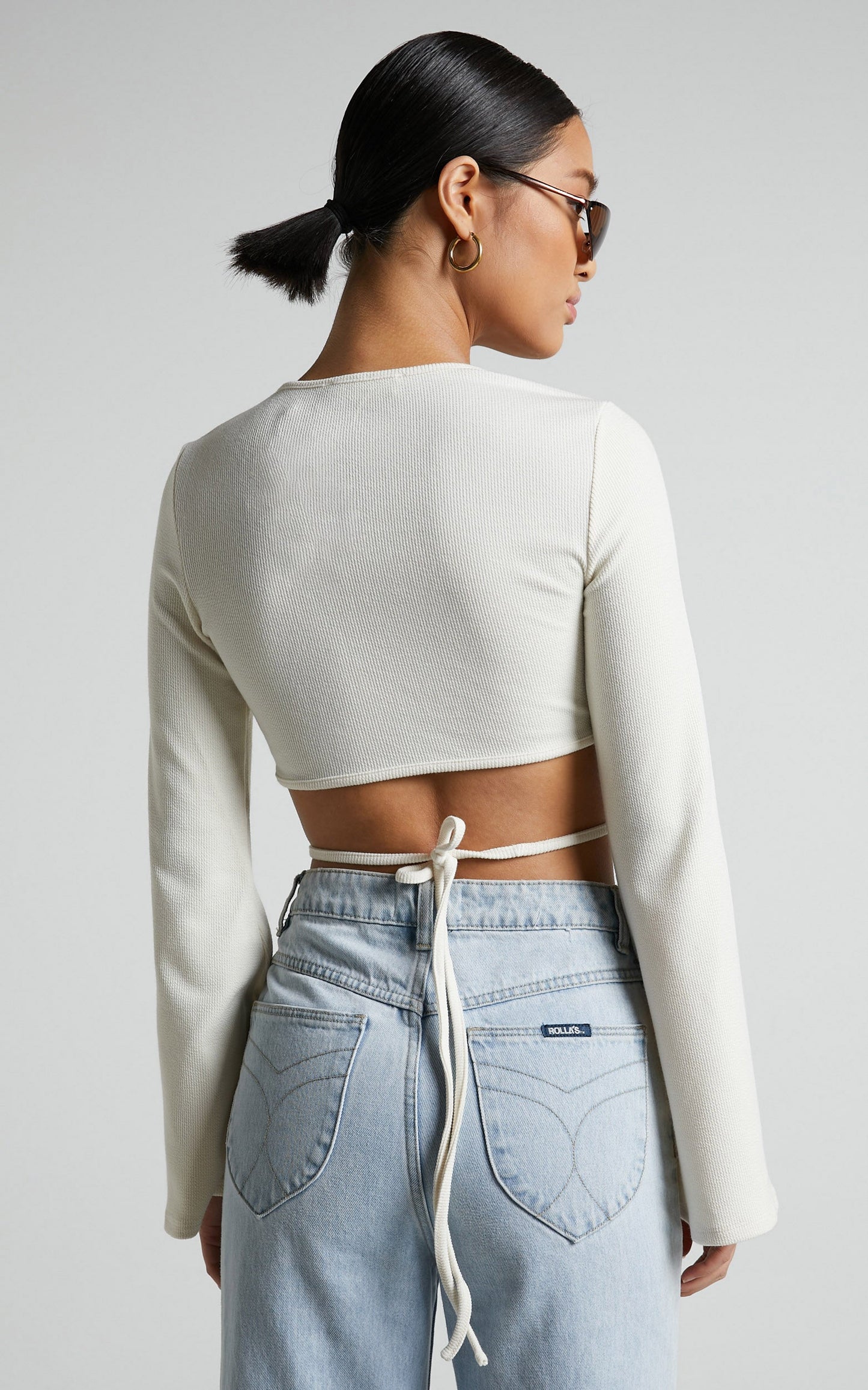 Jadine Top - Long Sleeve Tie Waist Crop Top in Cream
