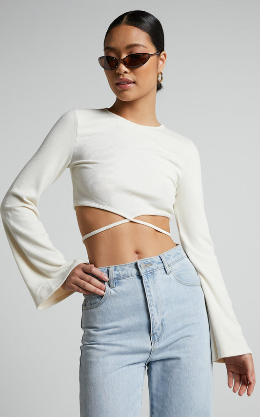 Jadine Top - Long Sleeve Tie Waist Crop Top in Cream