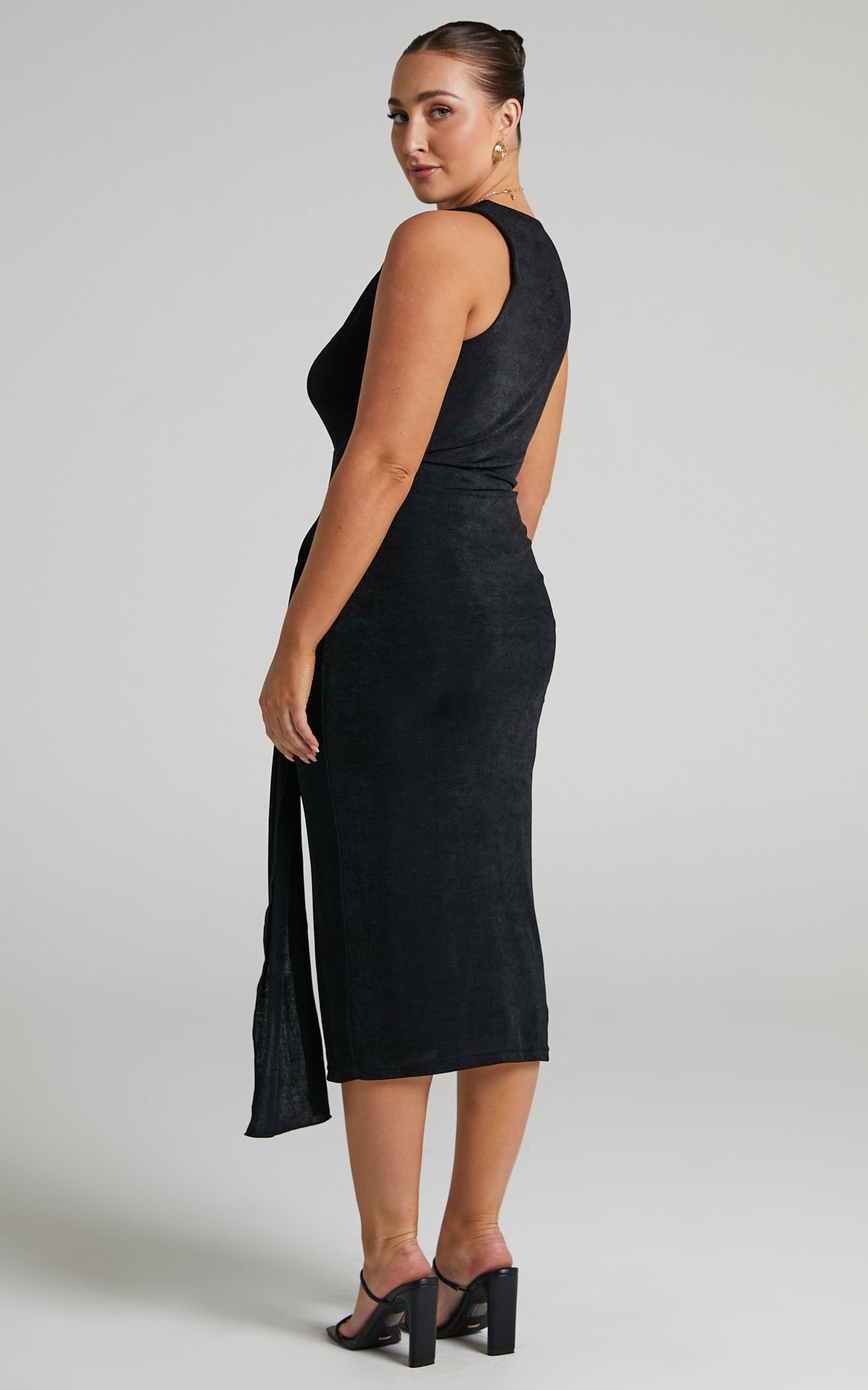 Jamellia Midi Dress - Low V-Neck Drape Front Dress in Black