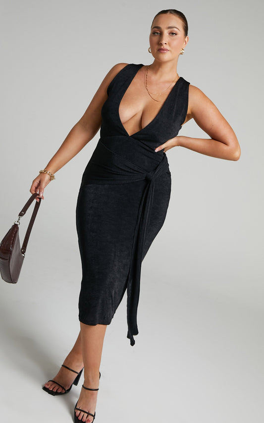 Jamellia Midi Dress - Low V-Neck Drape Front Dress in Black