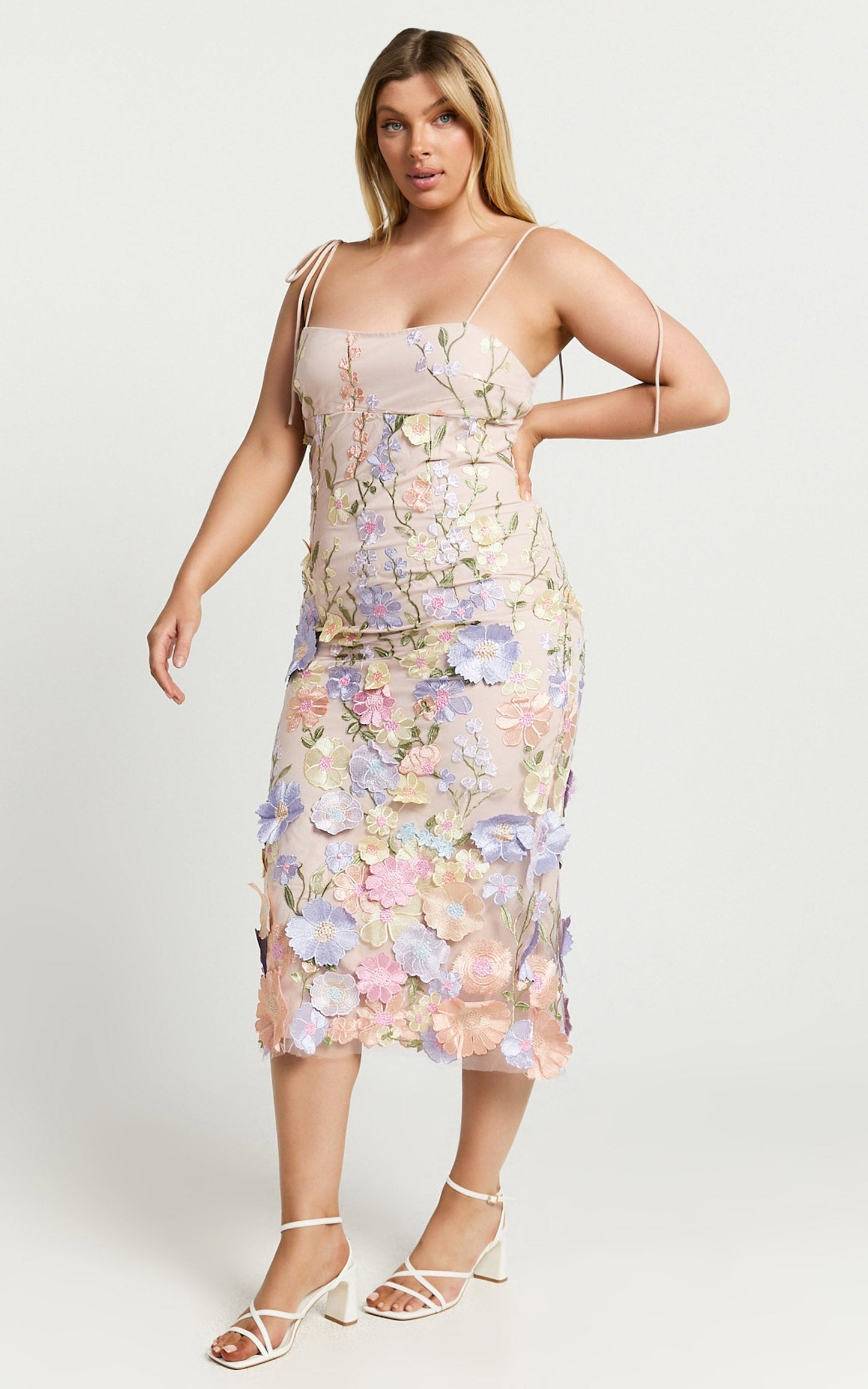 Jamich Midi Dress - Straight Neck Tie Strap Pencil Dress in Soft Pink