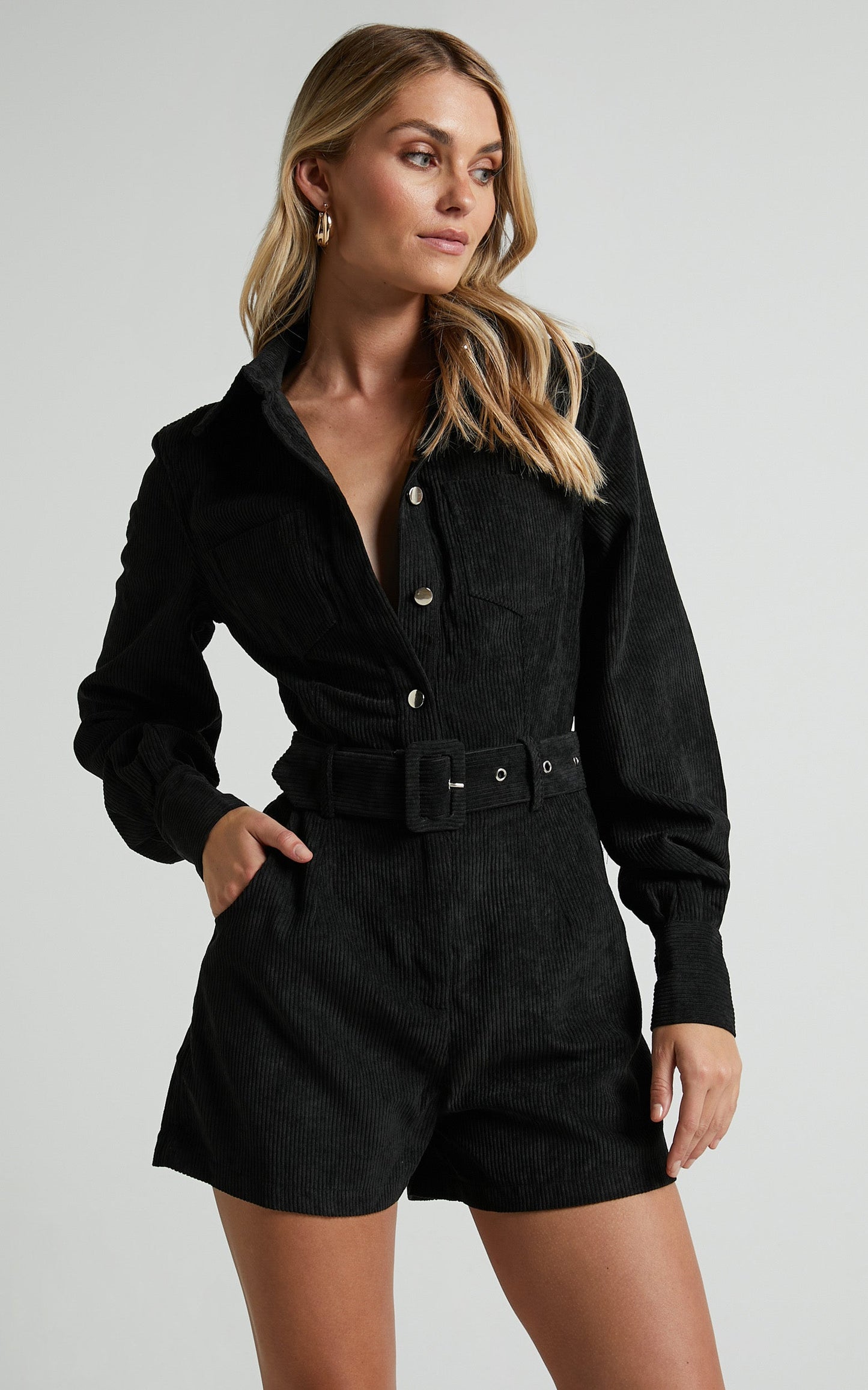 Jamiel Playsuit - Long Sleeve Belted Corduroy Playsuit in Black