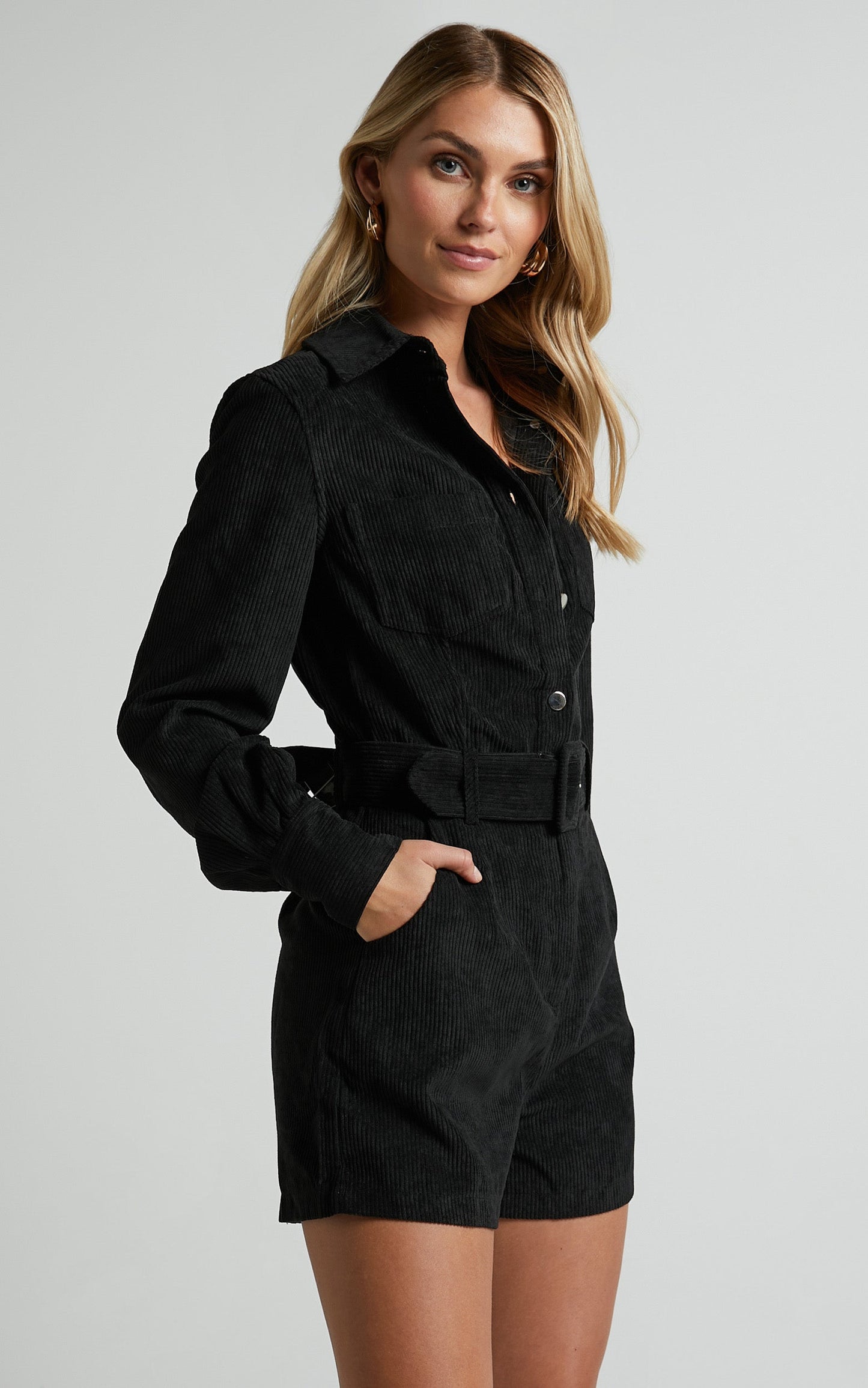 Jamiel Playsuit - Long Sleeve Belted Corduroy Playsuit in Black