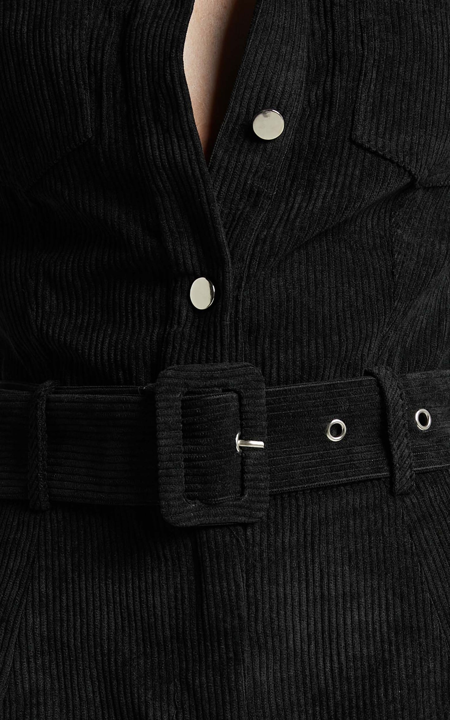 Jamiel Playsuit - Long Sleeve Belted Corduroy Playsuit in Black