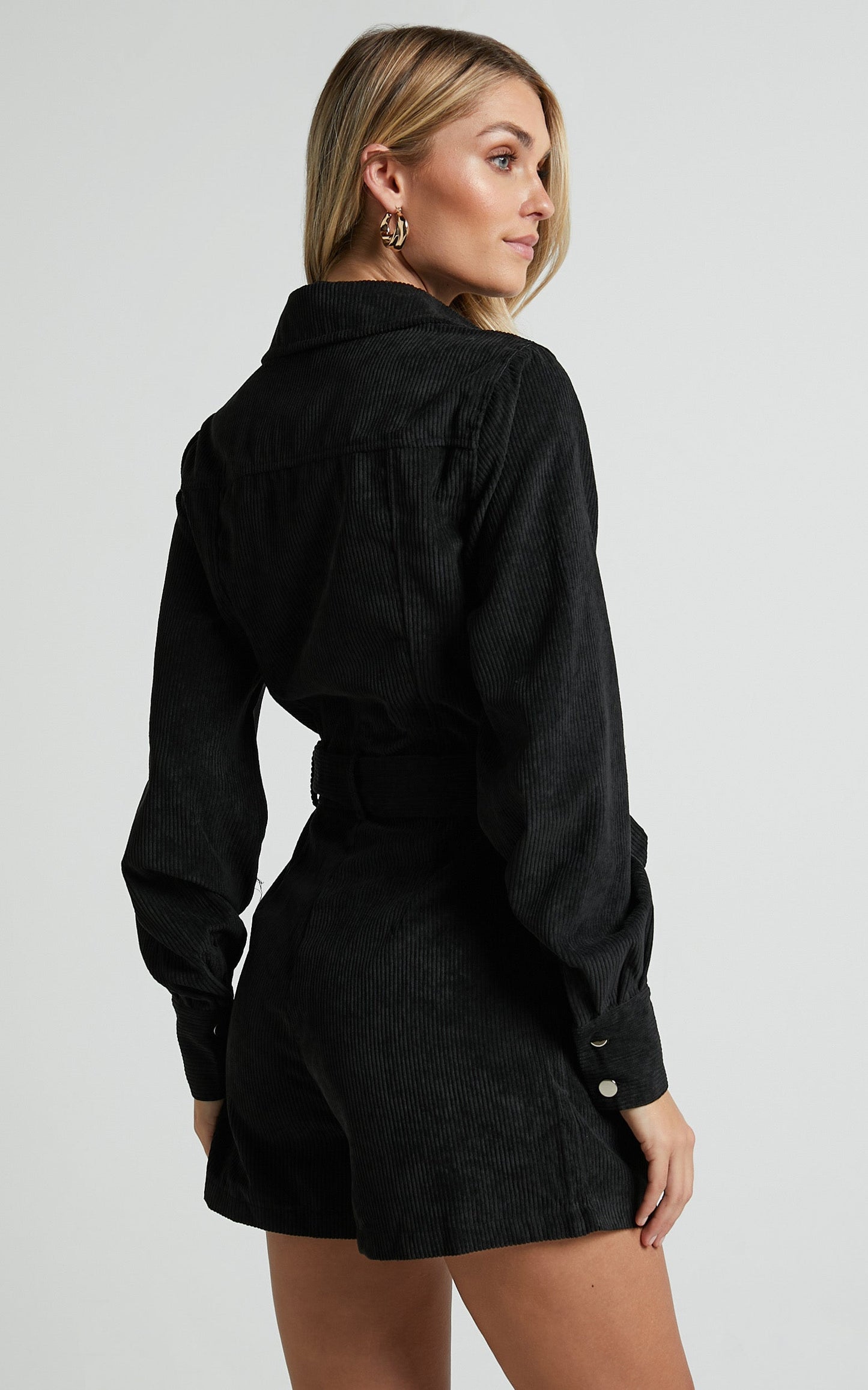Jamiel Playsuit - Long Sleeve Belted Corduroy Playsuit in Black