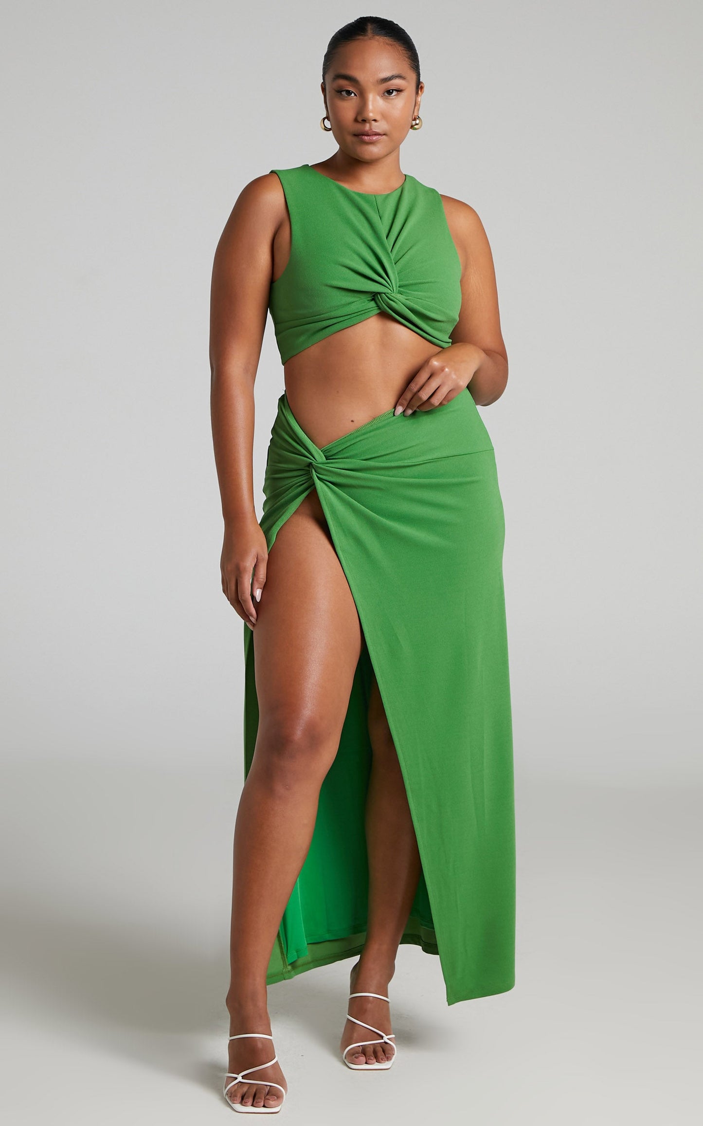 Jamiel Two Piece Set - Twist Front Crop Top and Midi Skirt Set in Green