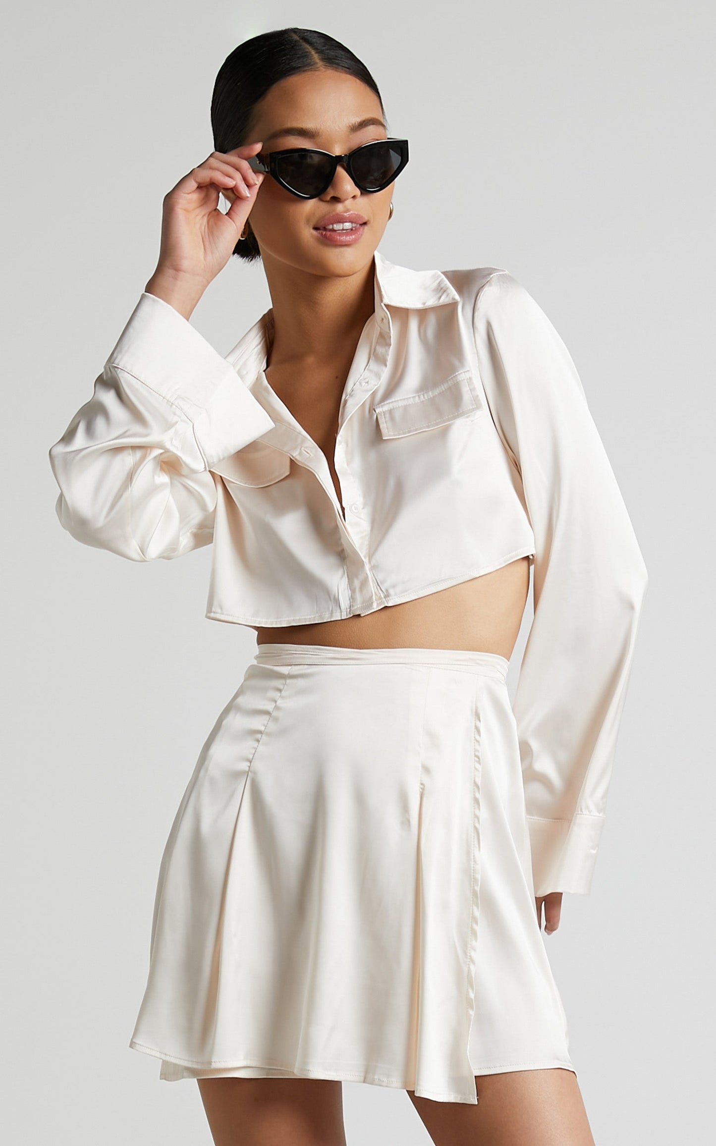 Jamilla Two Piece Set - Long Sleeve Cropped Shirt and Tie Waist Mini Skirt in Ivory