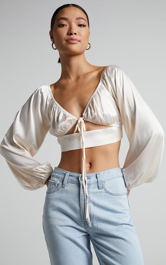 Jamilla Top - Tie Front Long Puff Sleeve Crop Top in Ivory