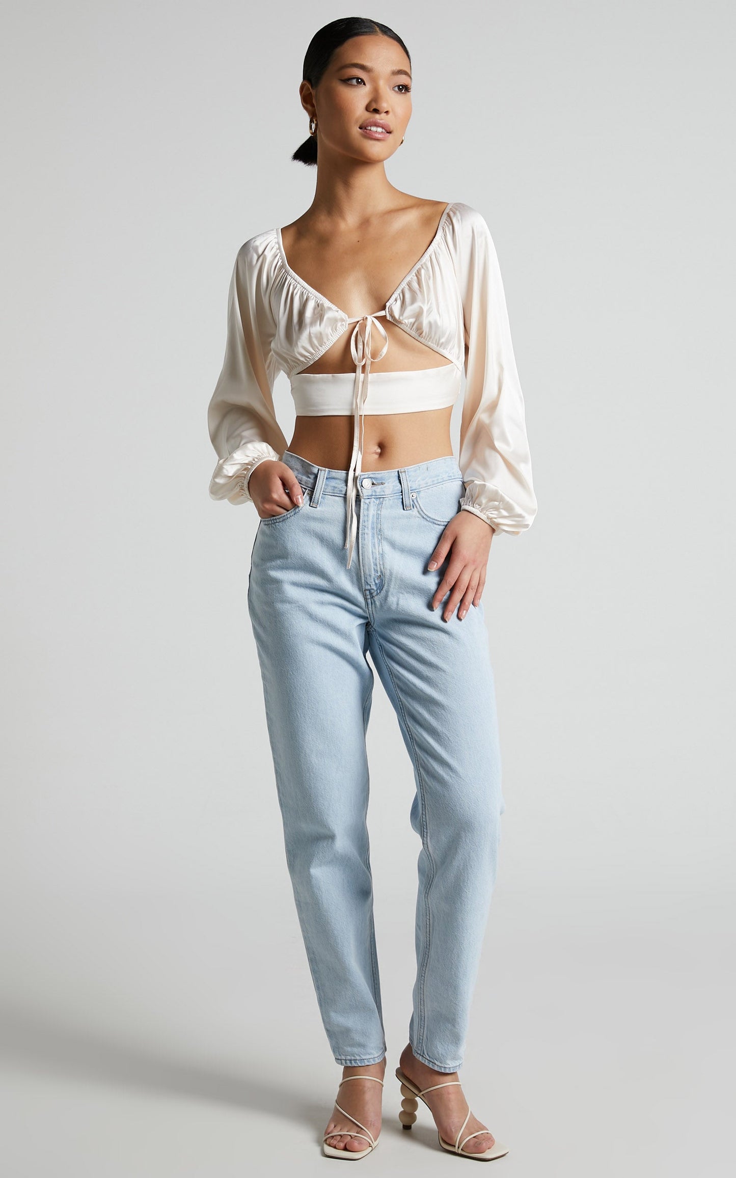 Jamilla Top - Tie Front Long Puff Sleeve Crop Top in Ivory