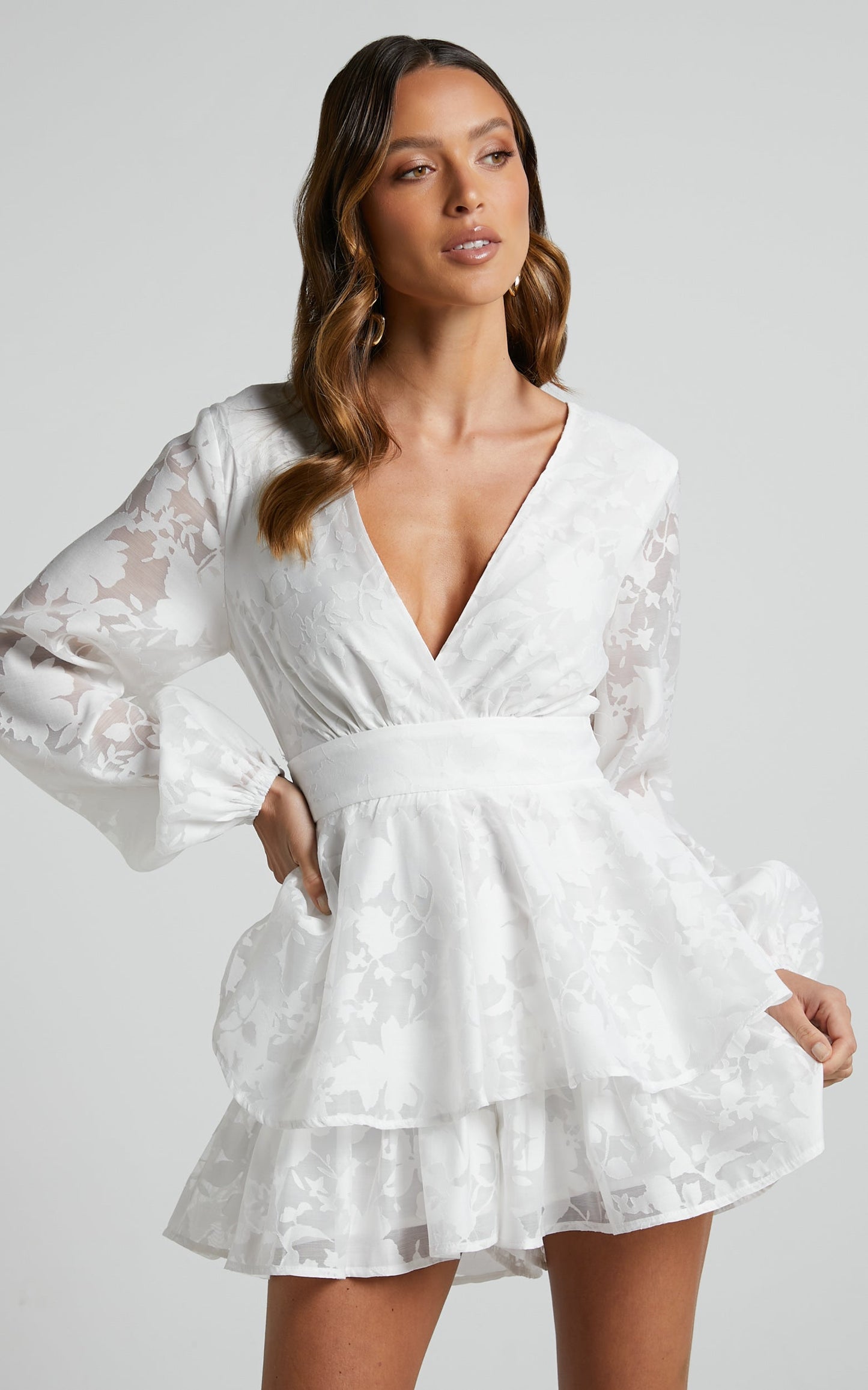 Jammae Playsuit - Long Sleeve Plunge Playsuit in White Burnt Out Floral