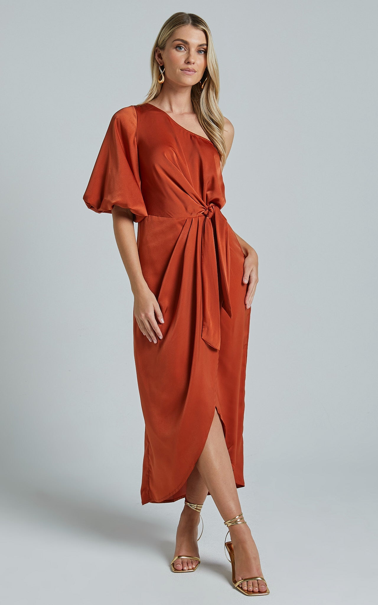 Janae Midi Dress - One Shoulder 3/4 Sleeve Wrap in Copper