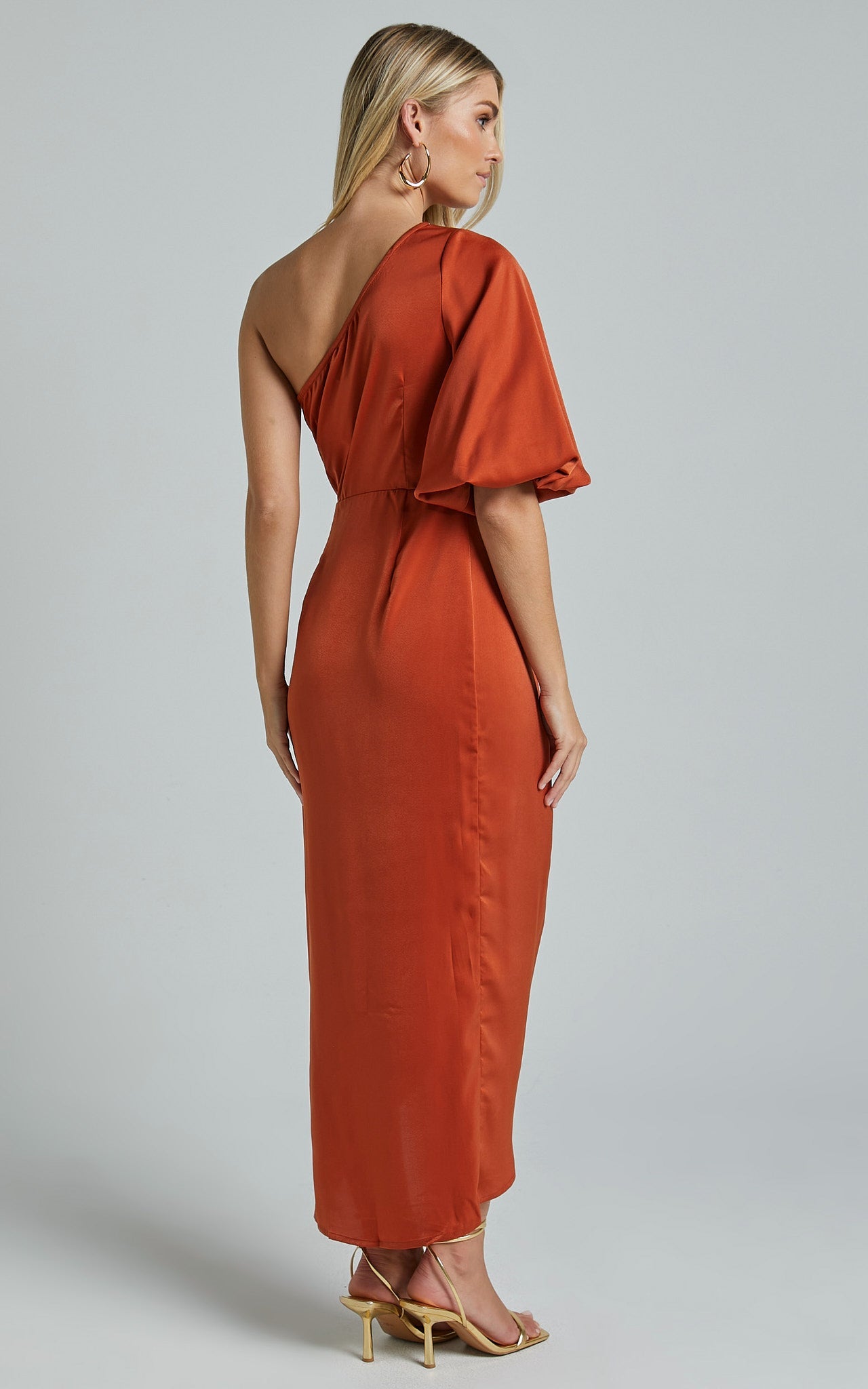 Janae Midi Dress - One Shoulder 3/4 Sleeve Wrap in Copper