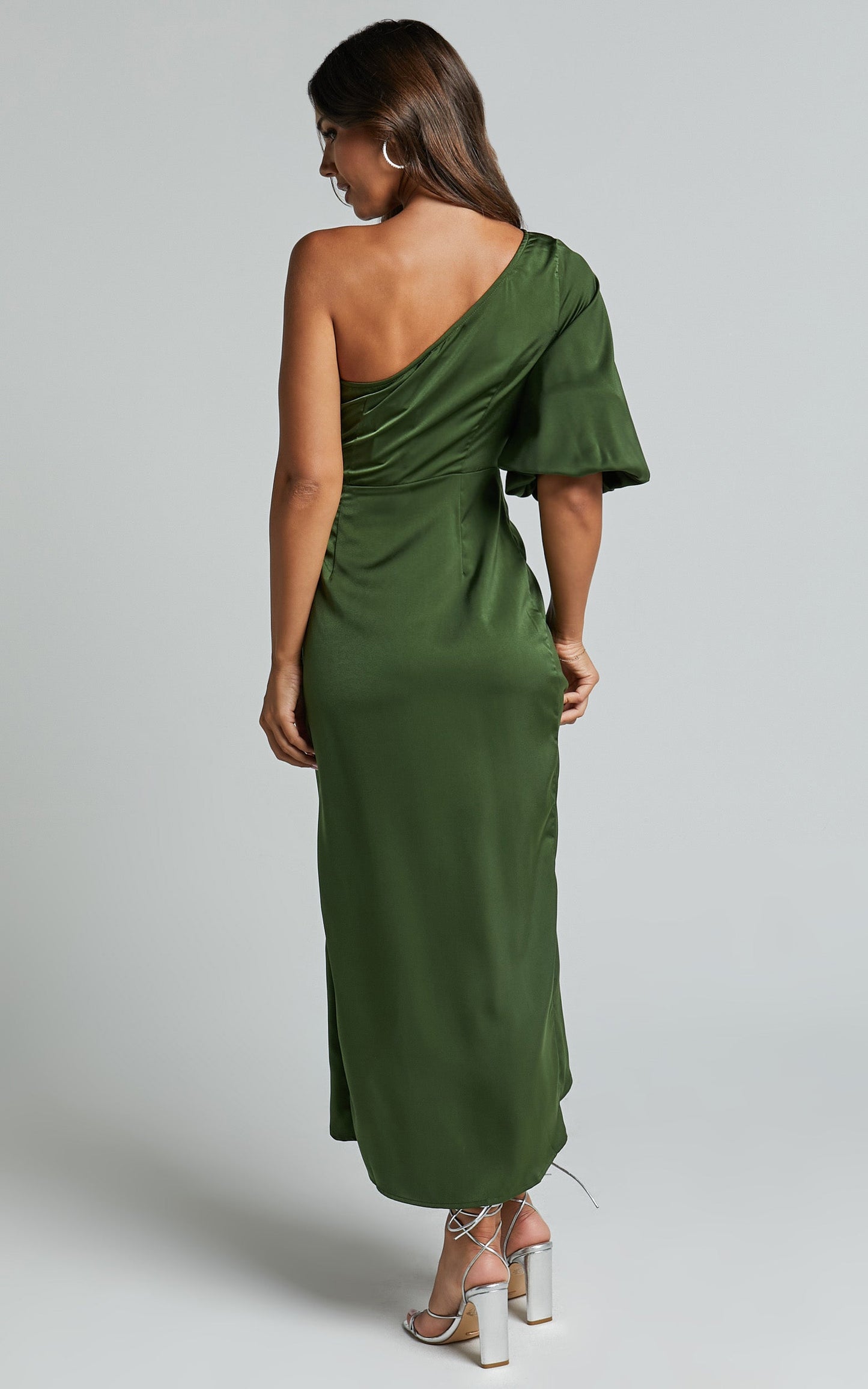 Janae Midi Dress - One Shoulder 3/4 Sleeve Wrap in Olive