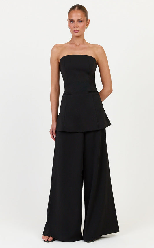 Jane Zweiteiliges Top- und Hosen-Set – Trägerloses Longline-Top und Hose mit weitem Bein in Schwarz