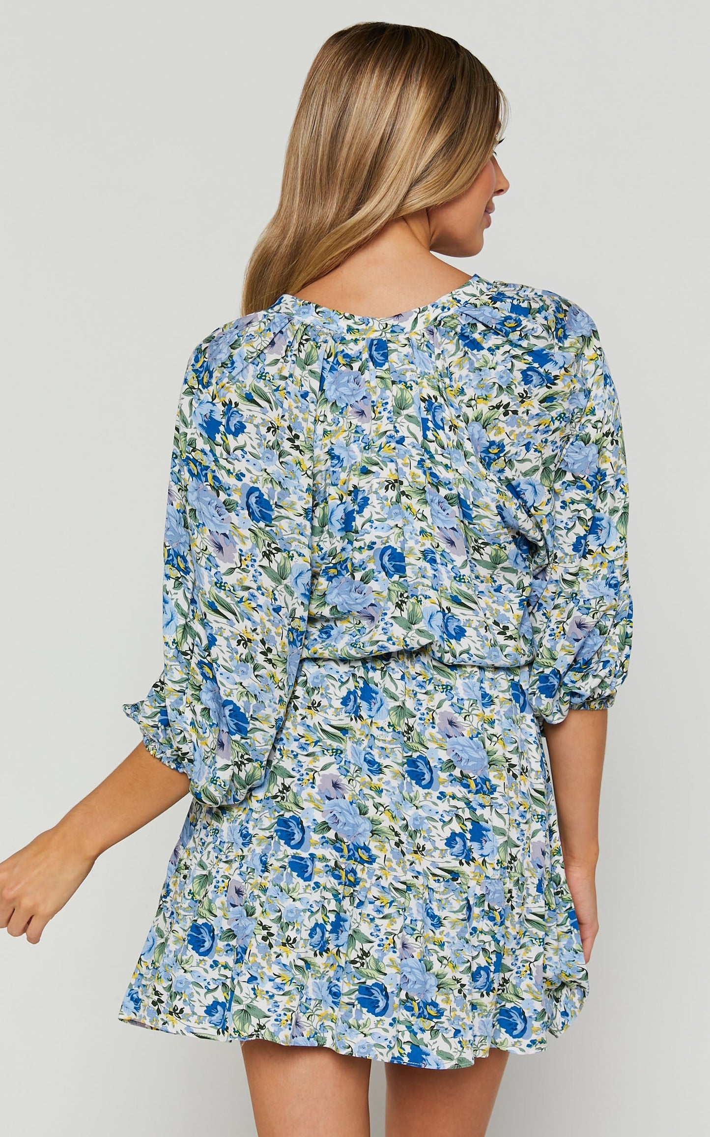 Janelle Mini Dress - Blouson Sleeve Tiered Dress in Blue Floral