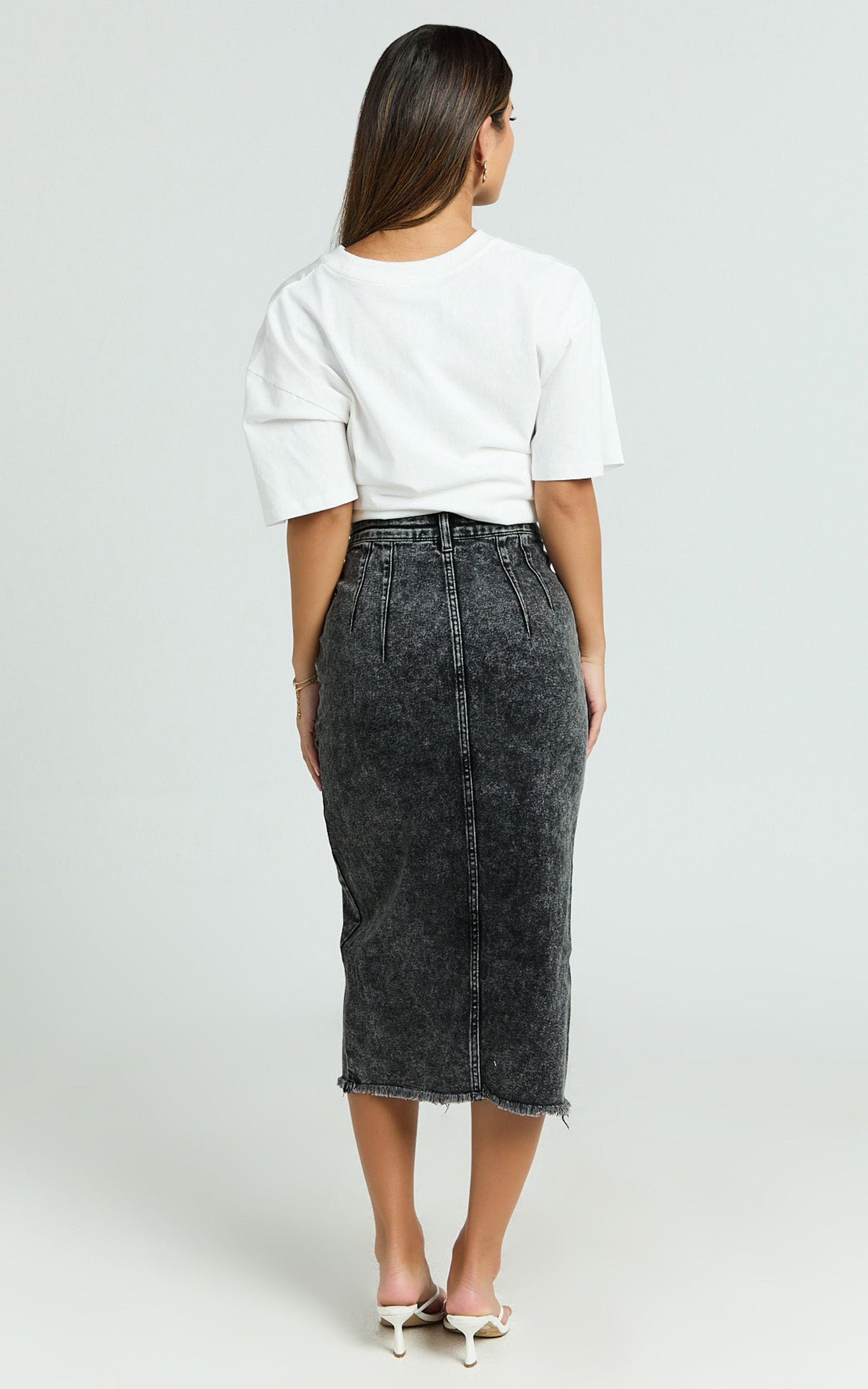Janeve Midi Skirt - Front Split Denim Skirt in Black Acid Wash