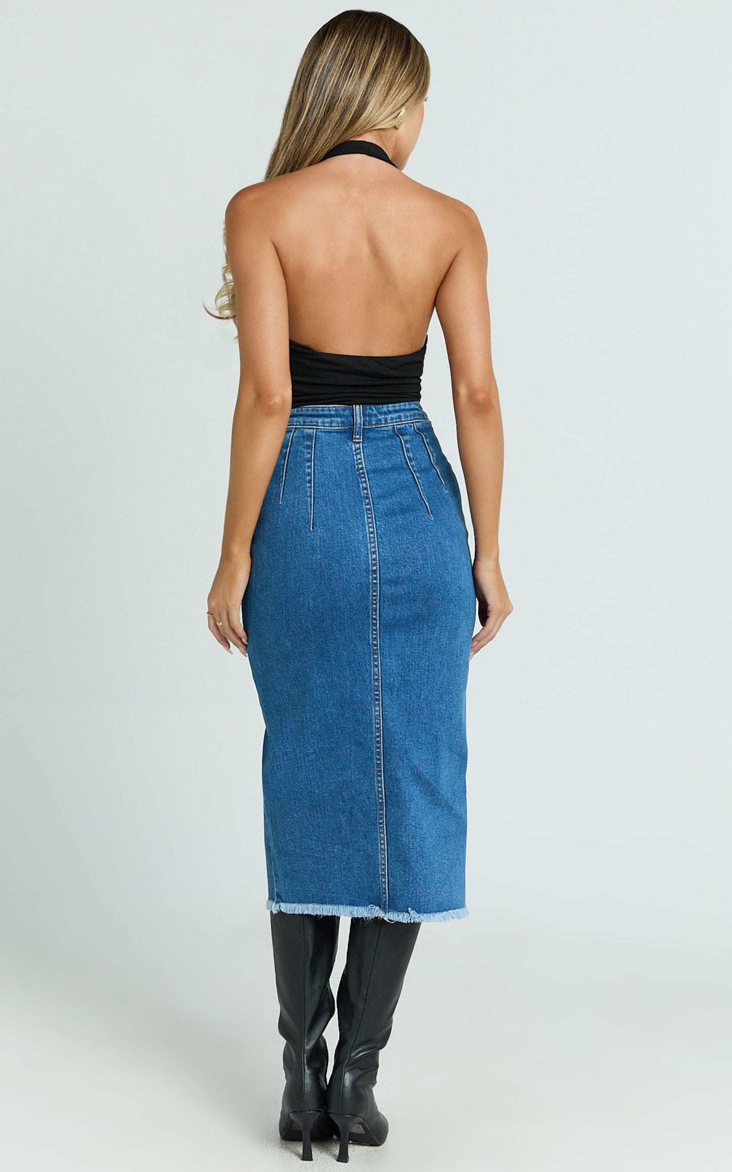 Janeve Midi Skirt - Front Split Denim Skirt in Dark Blue