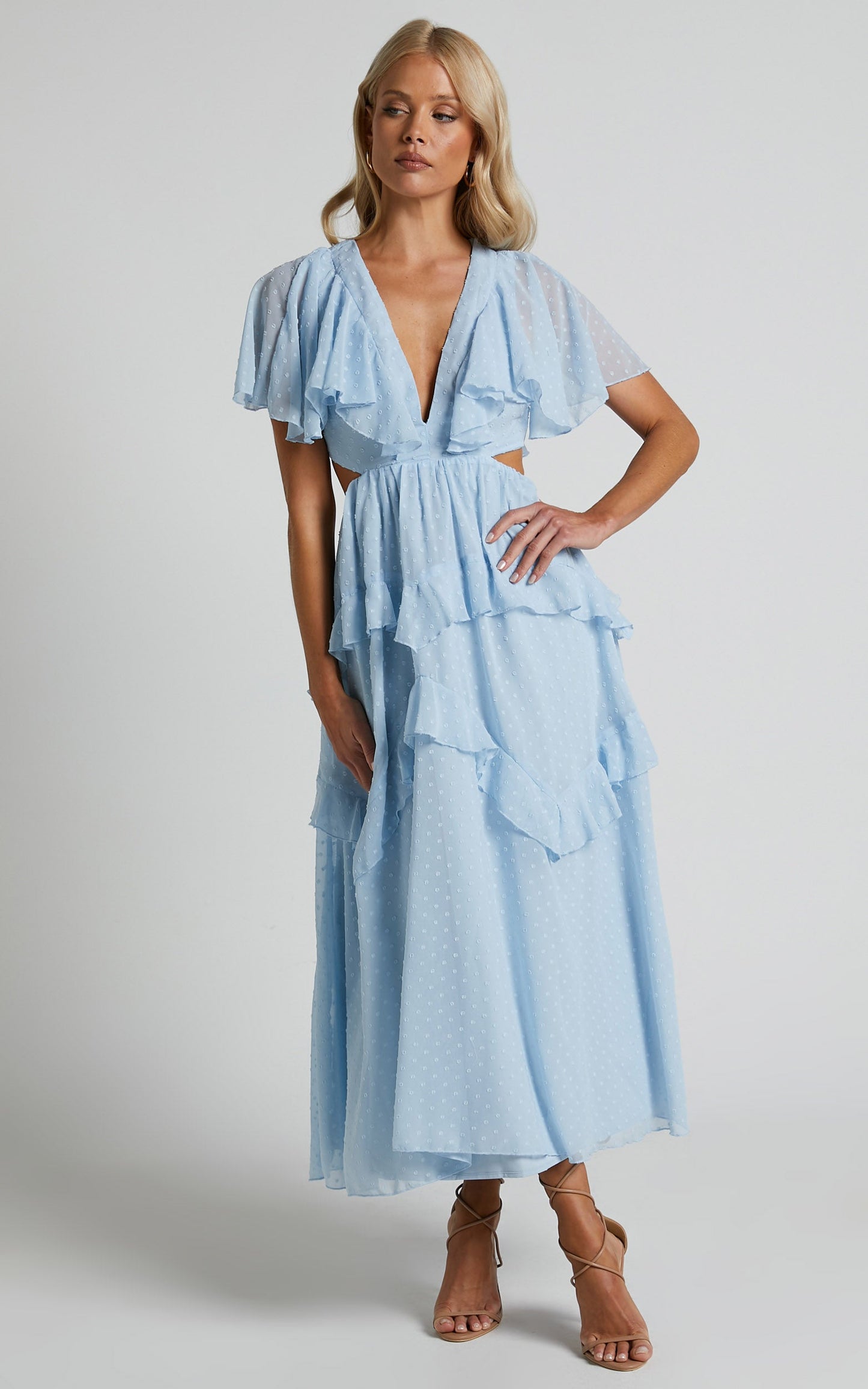 Jania Midi Dress - Cut Out Short Sleeve Plunge Neck Dress in Pale Blue