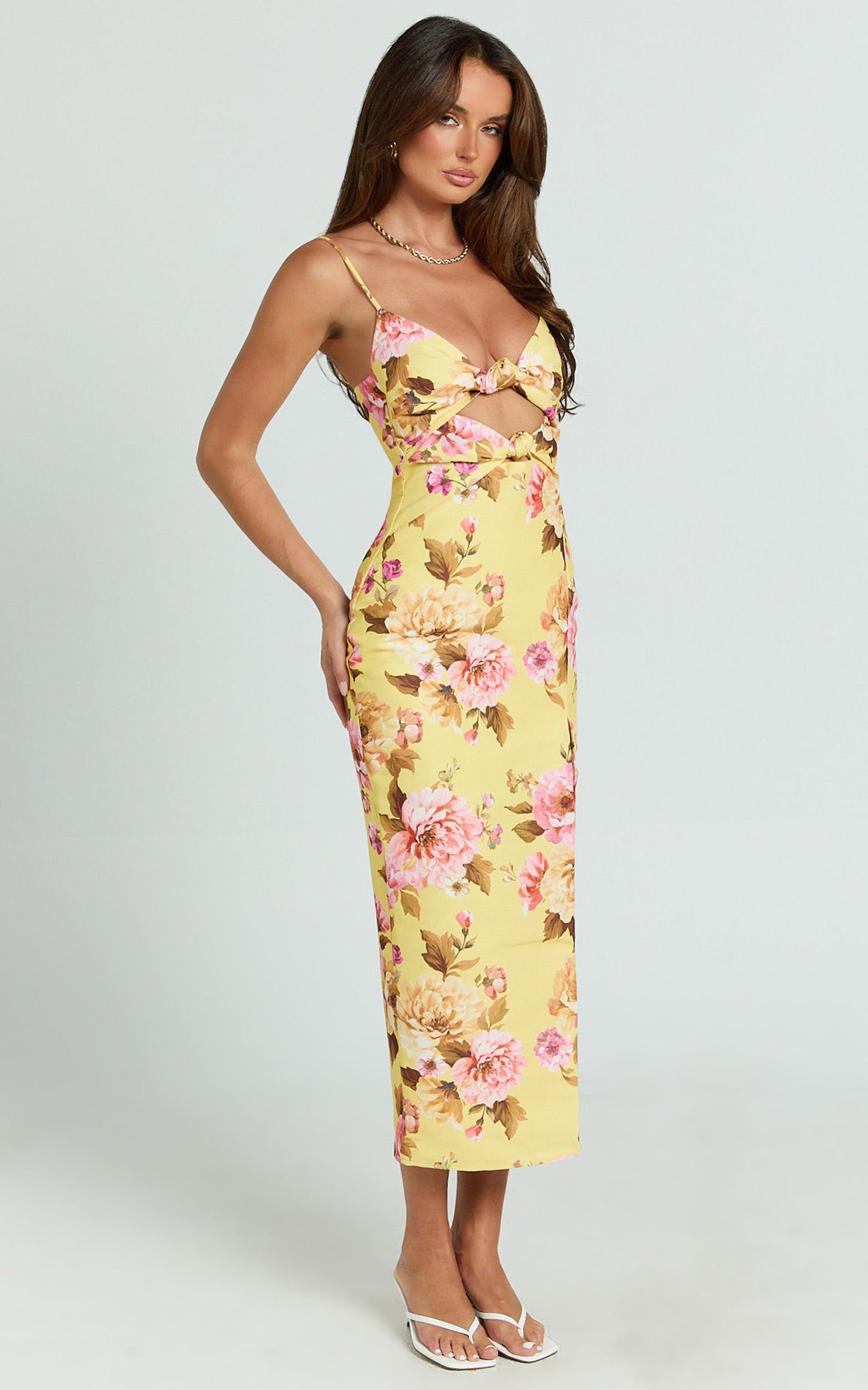 Janice Midi Dress - Knot Detail Front Split Dress in Sunshine Floral