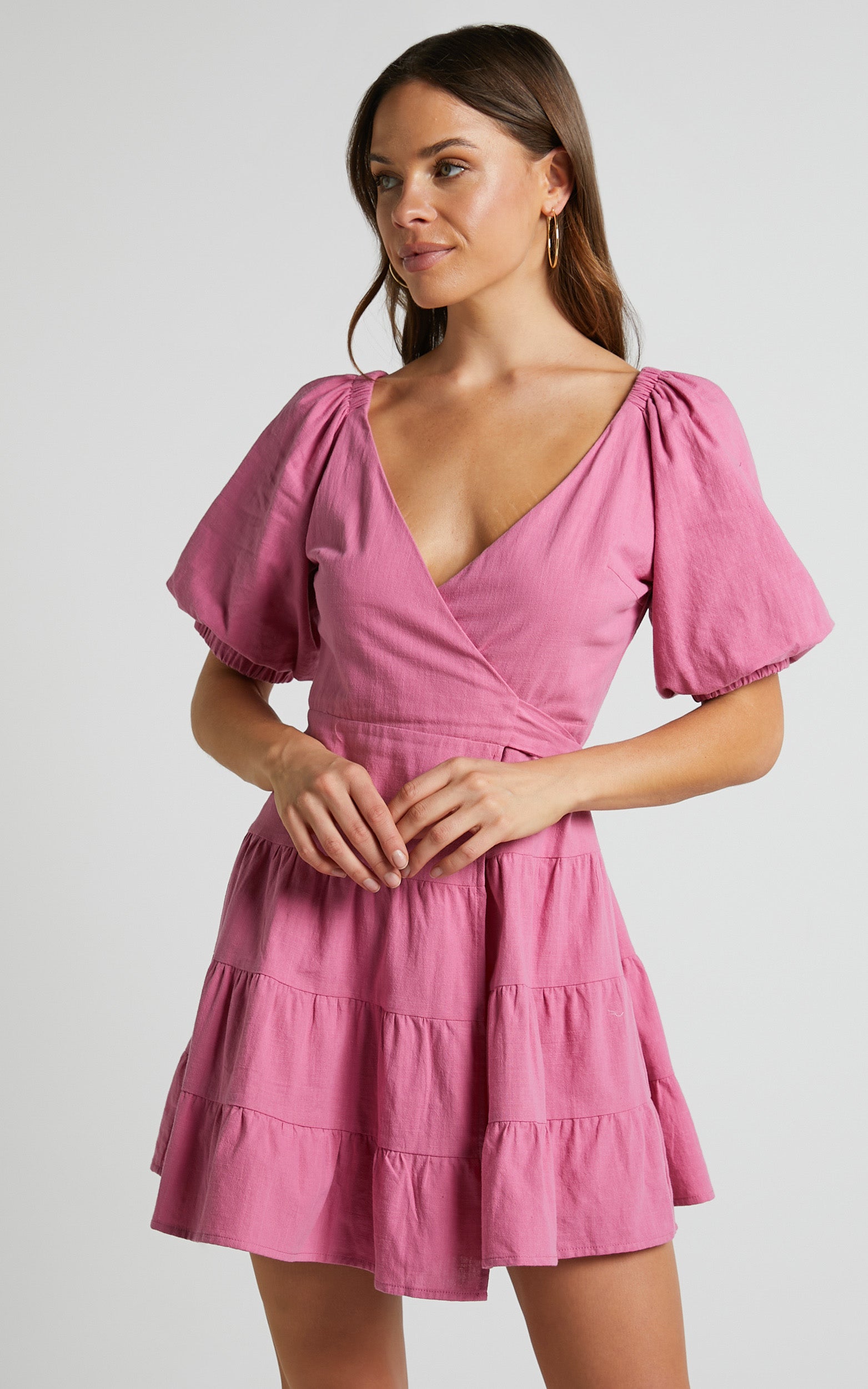 Janiellay Mini Dress - Short Puff Sleeve Wrap Dress in Pink
