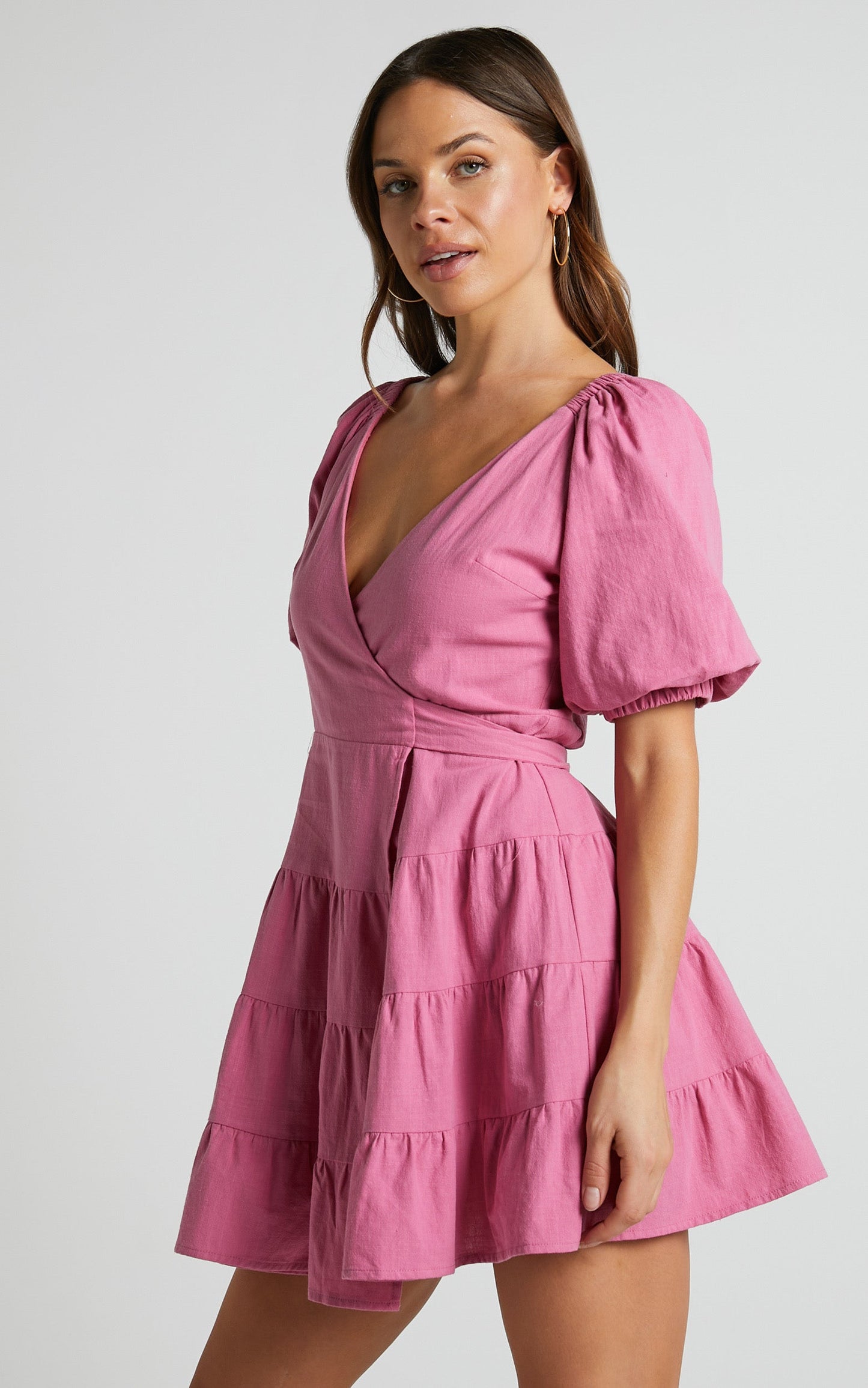 Janiellay Mini Dress - Short Puff Sleeve Wrap Dress in Pink