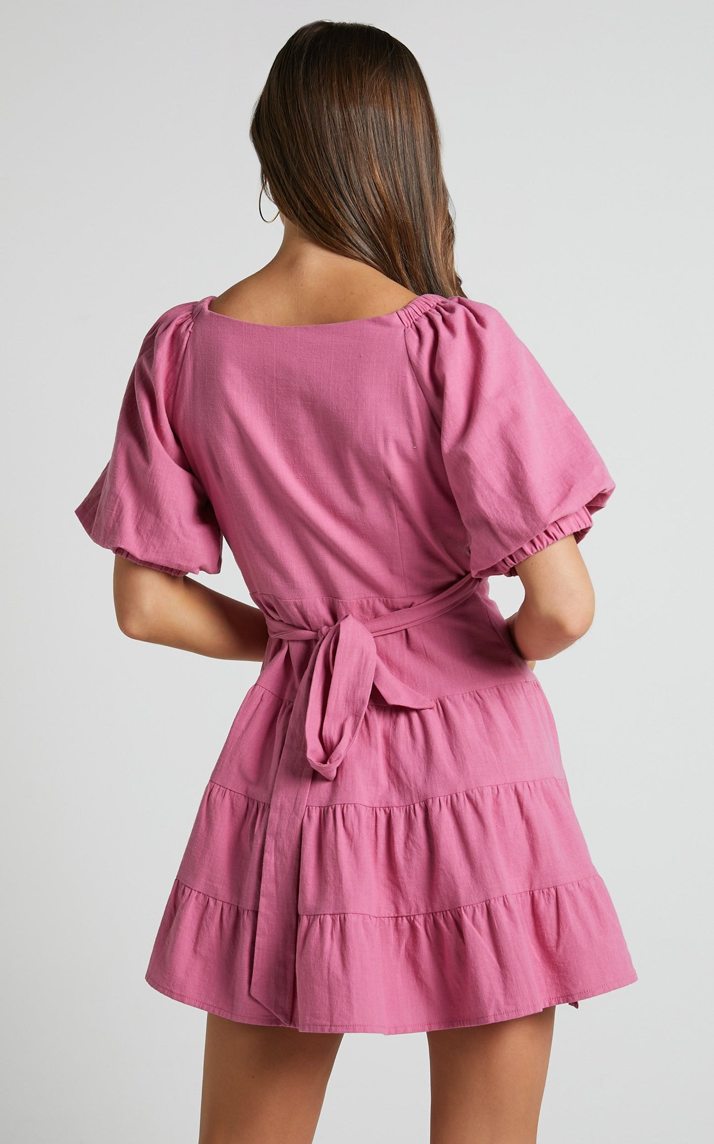 Janiellay Mini Dress - Short Puff Sleeve Wrap Dress in Pink