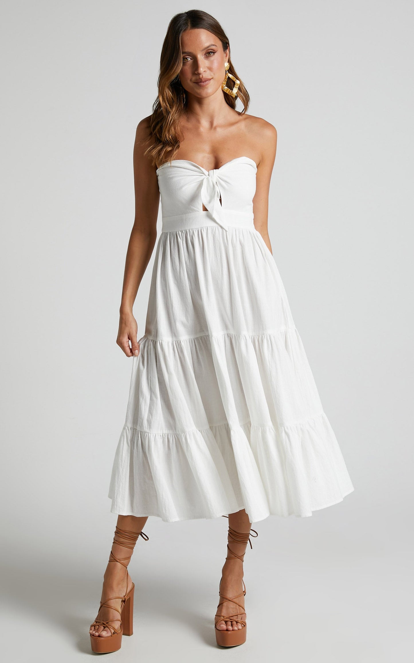 Janiellay Midi Dress - Strapless Tiered Dress in Ivory