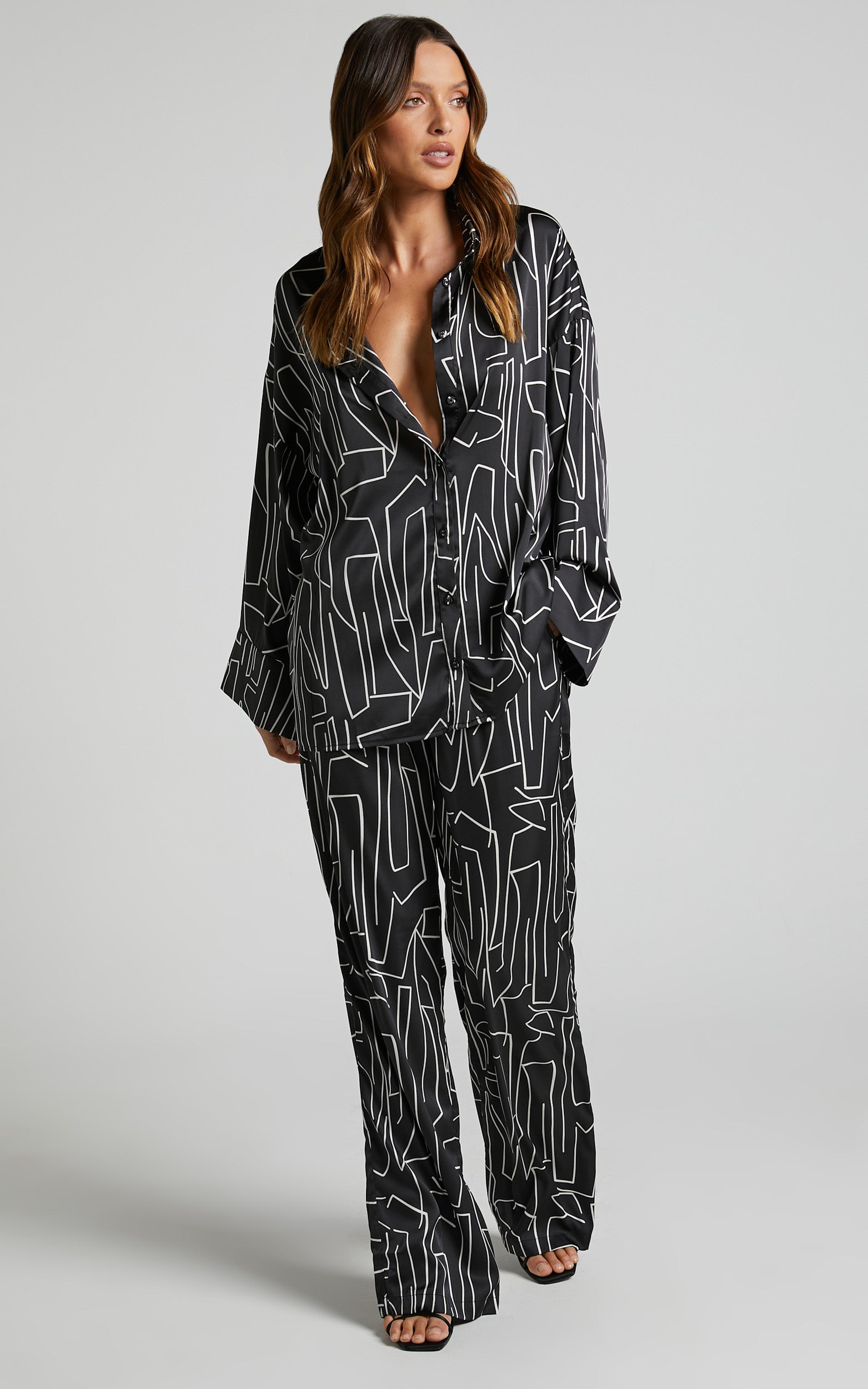 Janissa Pants - High Waisted Wide Leg Pants in Black and White Linear