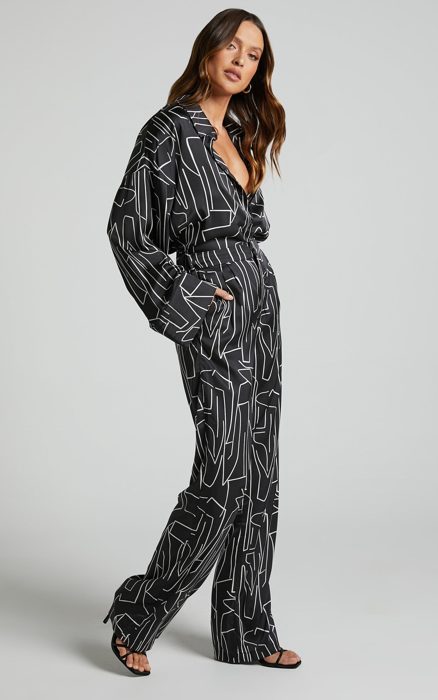 Janissa Pants - High Waisted Wide Leg Pants in Black and White Linear