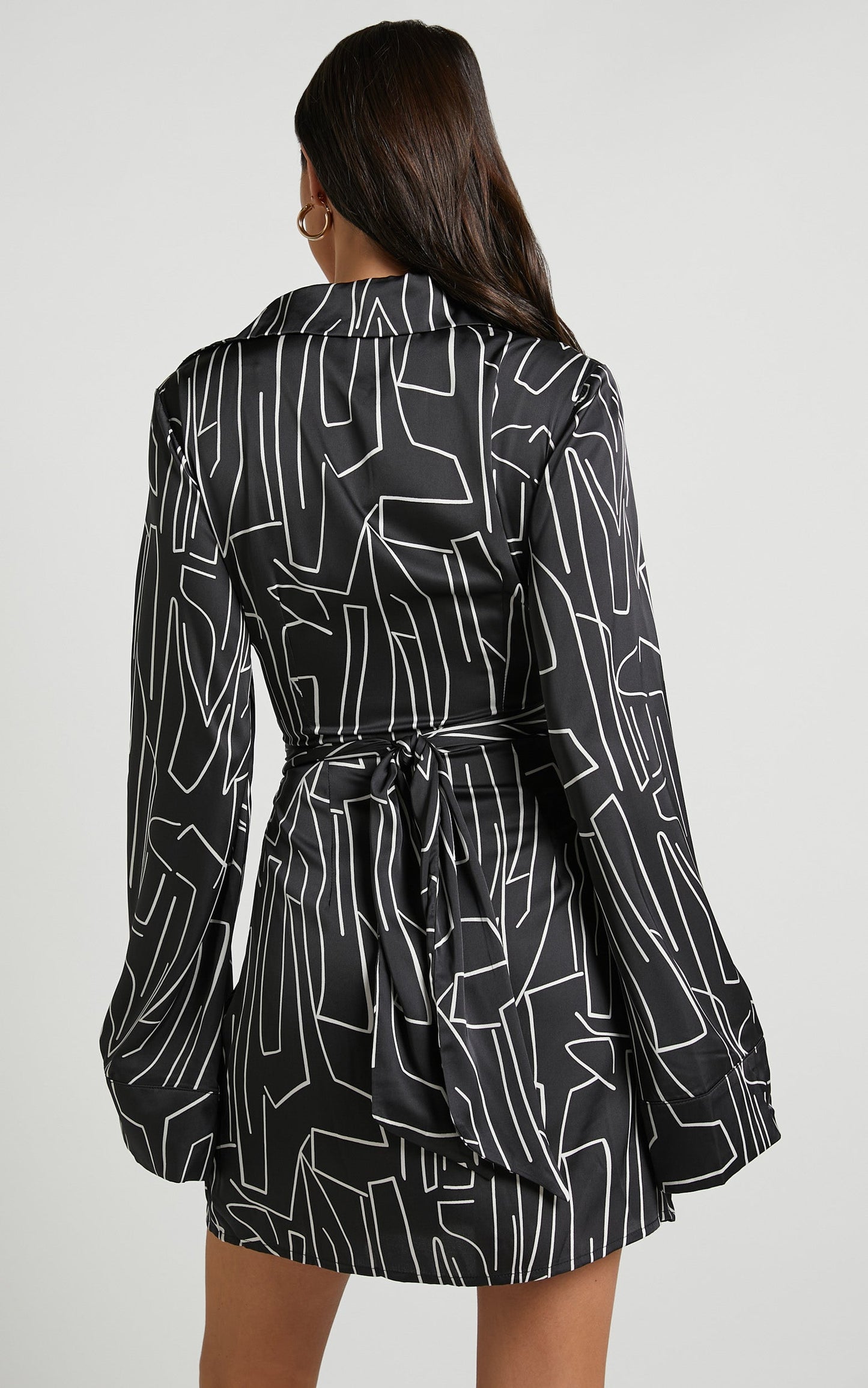 Janissa Mini Dress - Long Sleeve Shirt Dress in Black and White Linear
