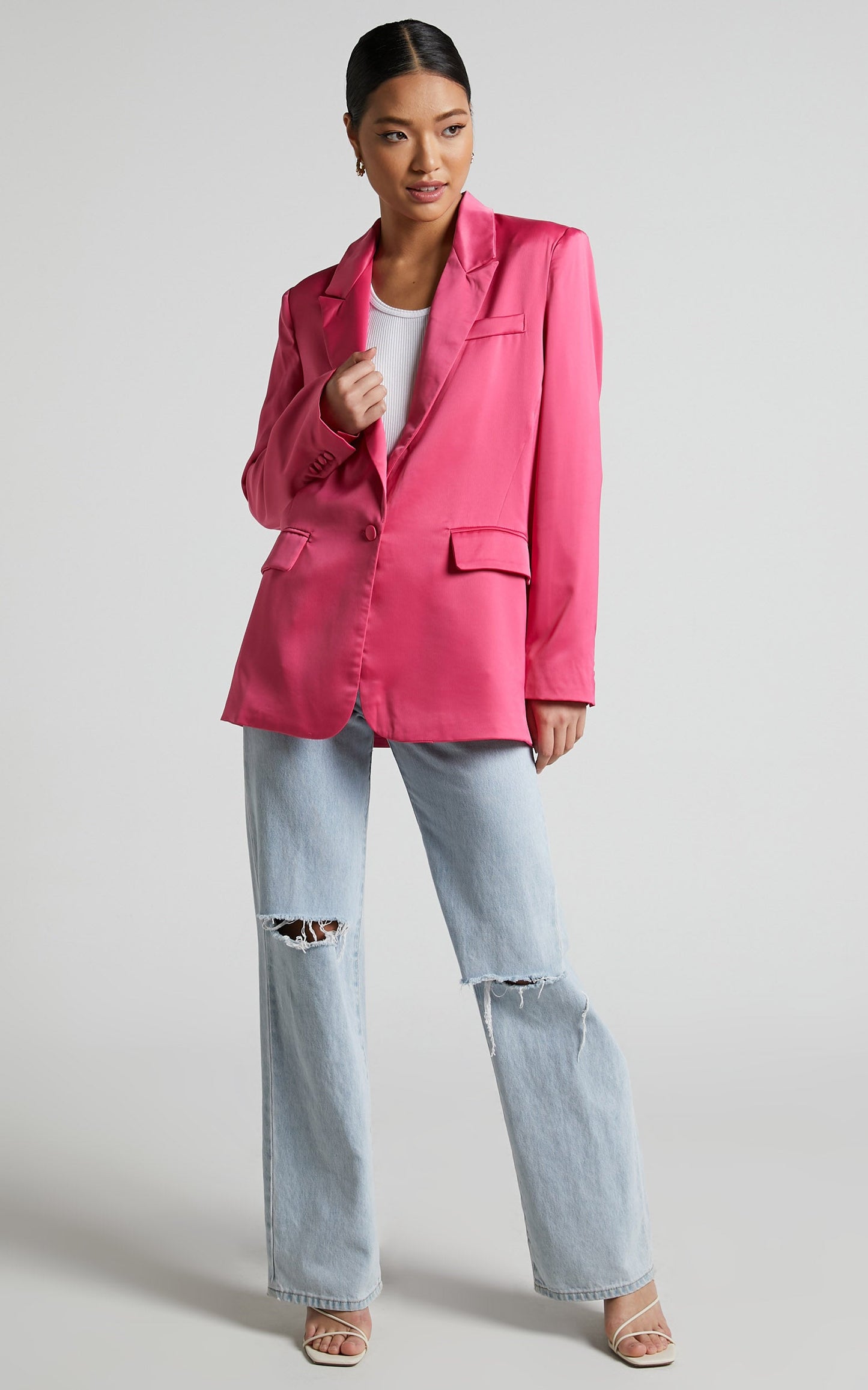 Jannie Blazer - Oversized Plunge Button Up Blazer in Pink