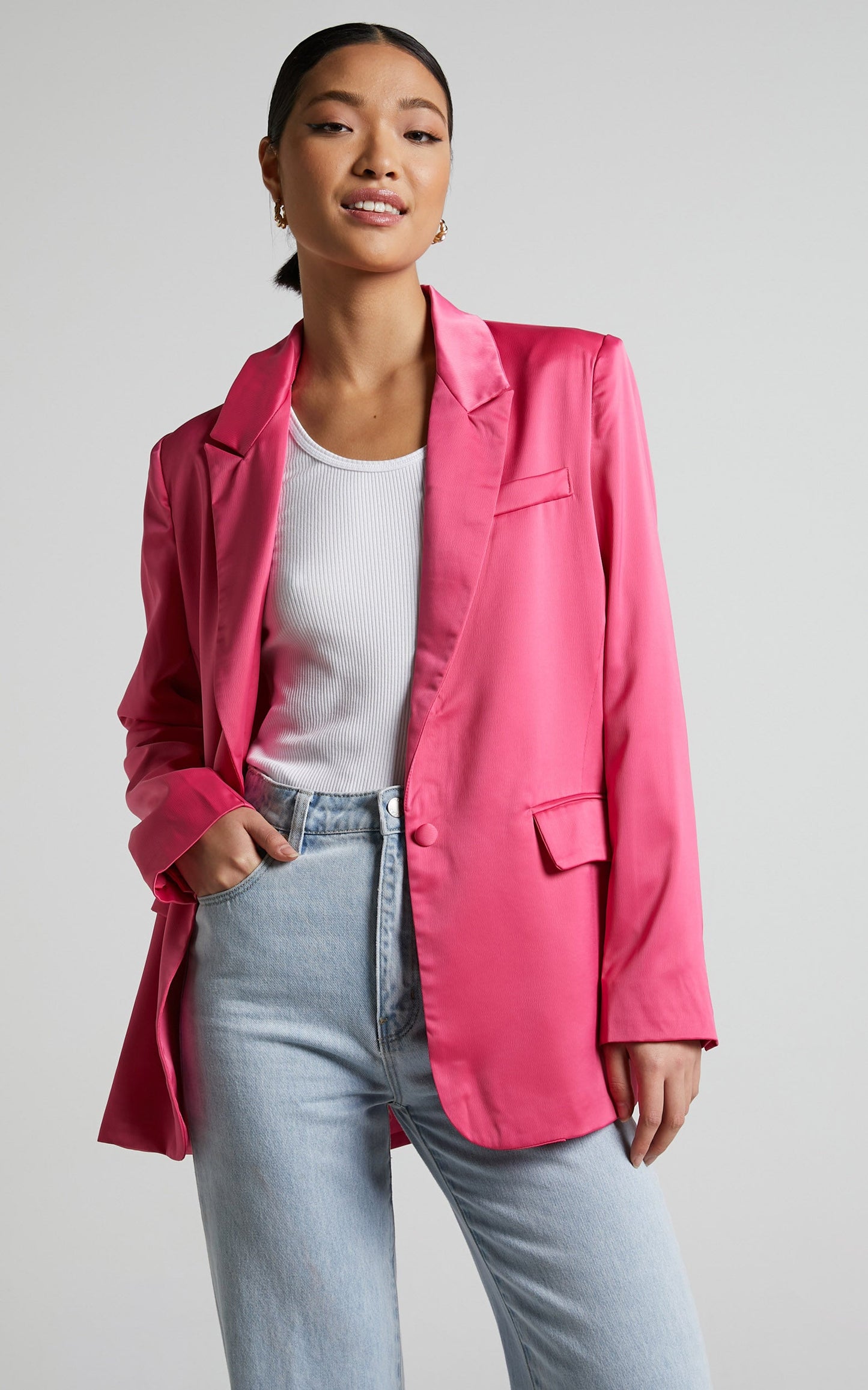Jannie Blazer - Oversized Plunge Button Up Blazer in Pink
