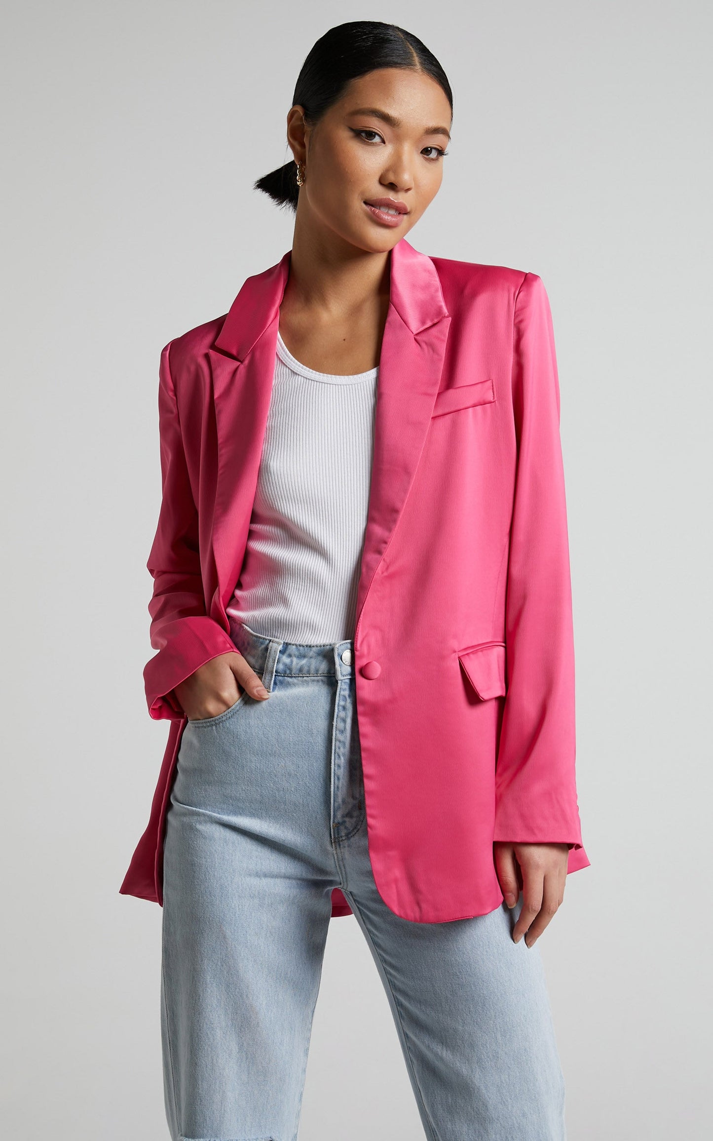Jannie Blazer - Oversized Plunge Button Up Blazer in Pink