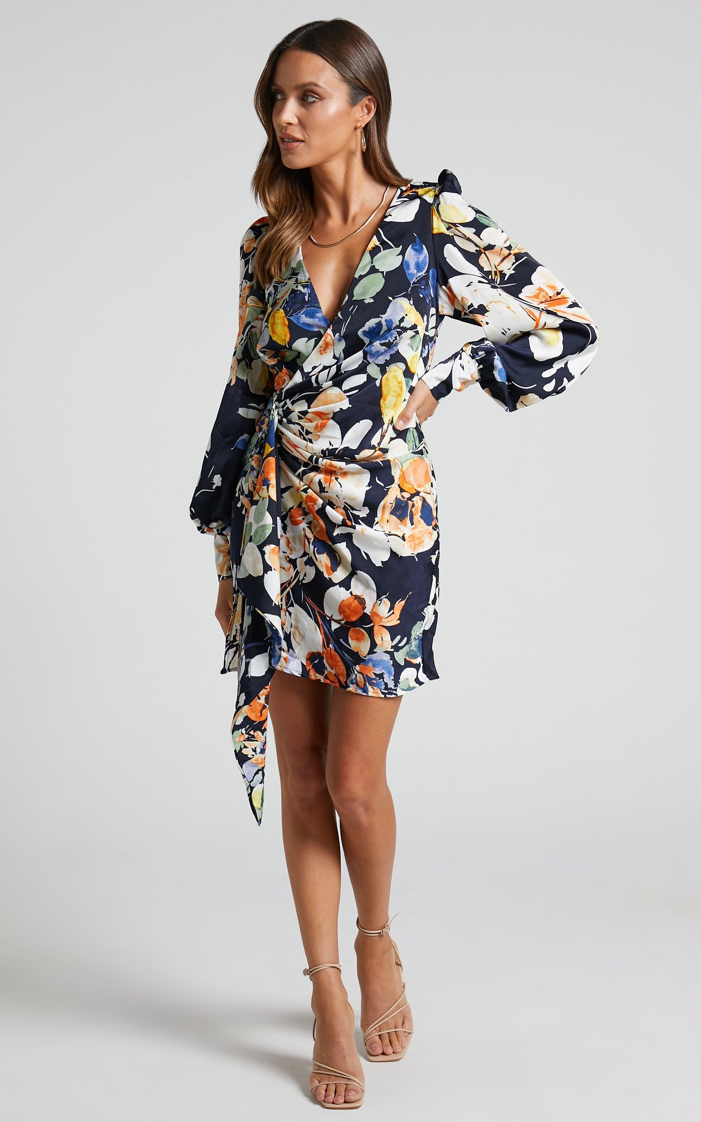 Jarrah Mini Dress - Long Sleeve Wrap Dress in Navy Floral