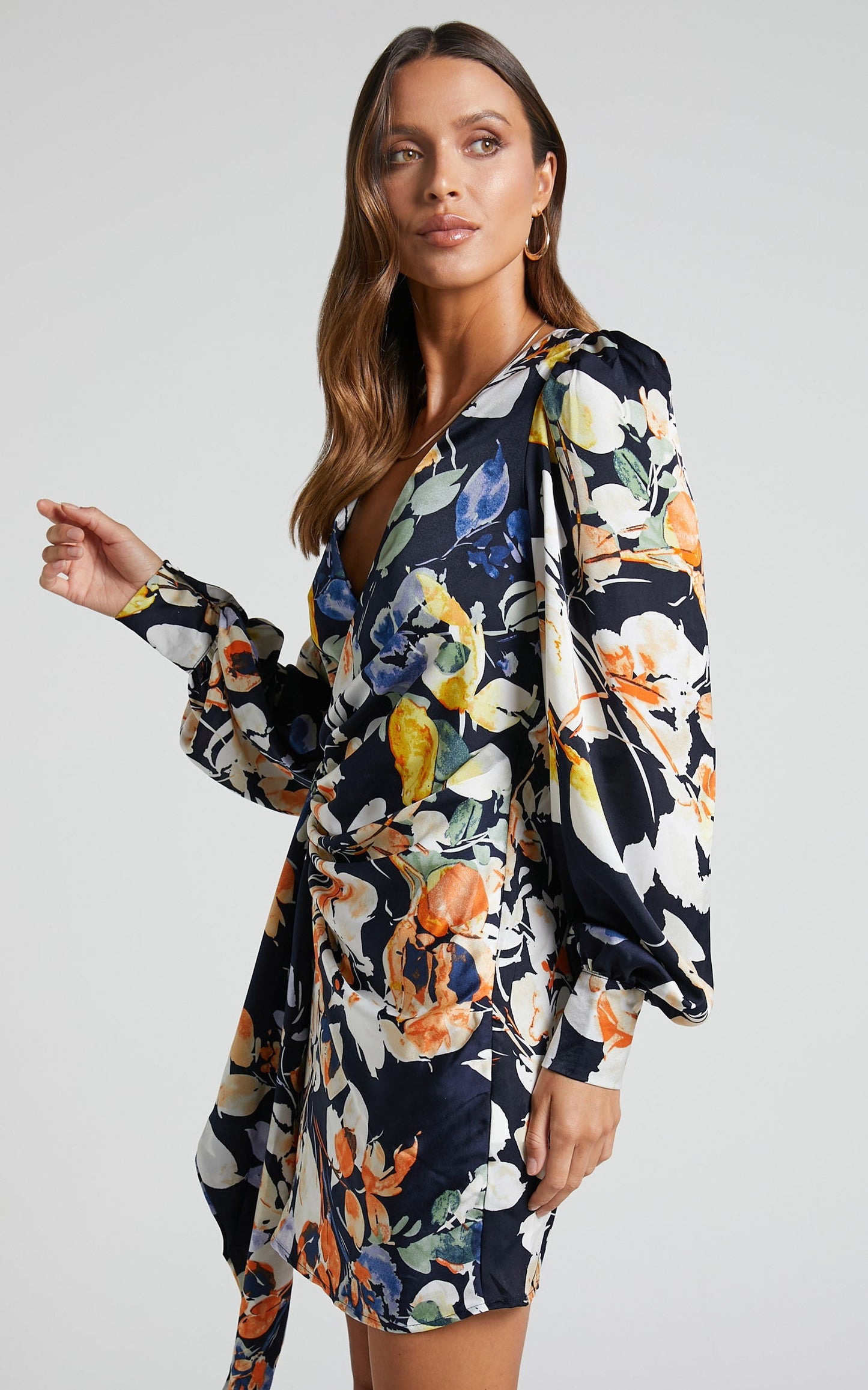 Jarrah Mini Dress - Long Sleeve Wrap Dress in Navy Floral