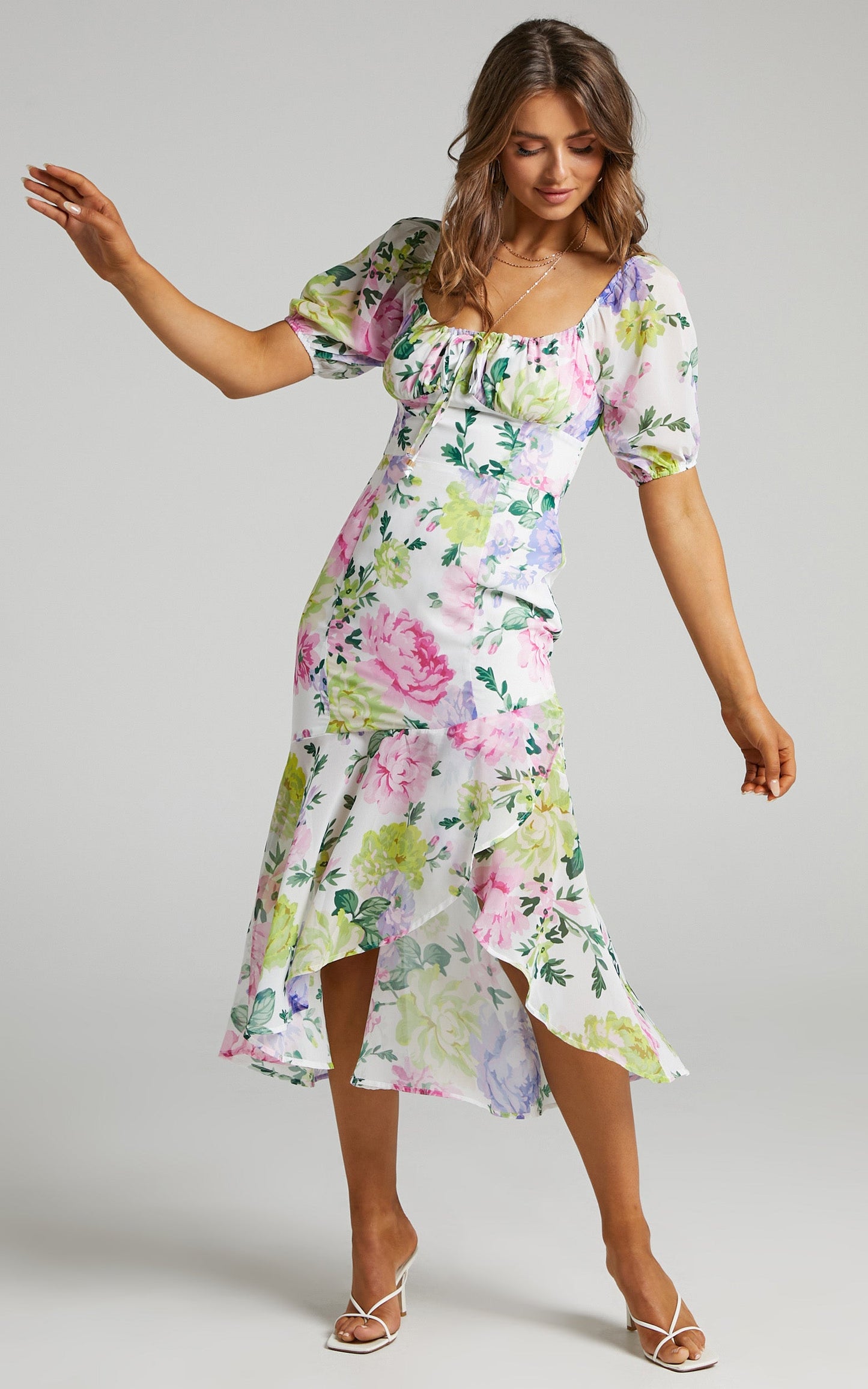 Jasalina Midi Dress - Puff Sleeve Dress in Neon Floral