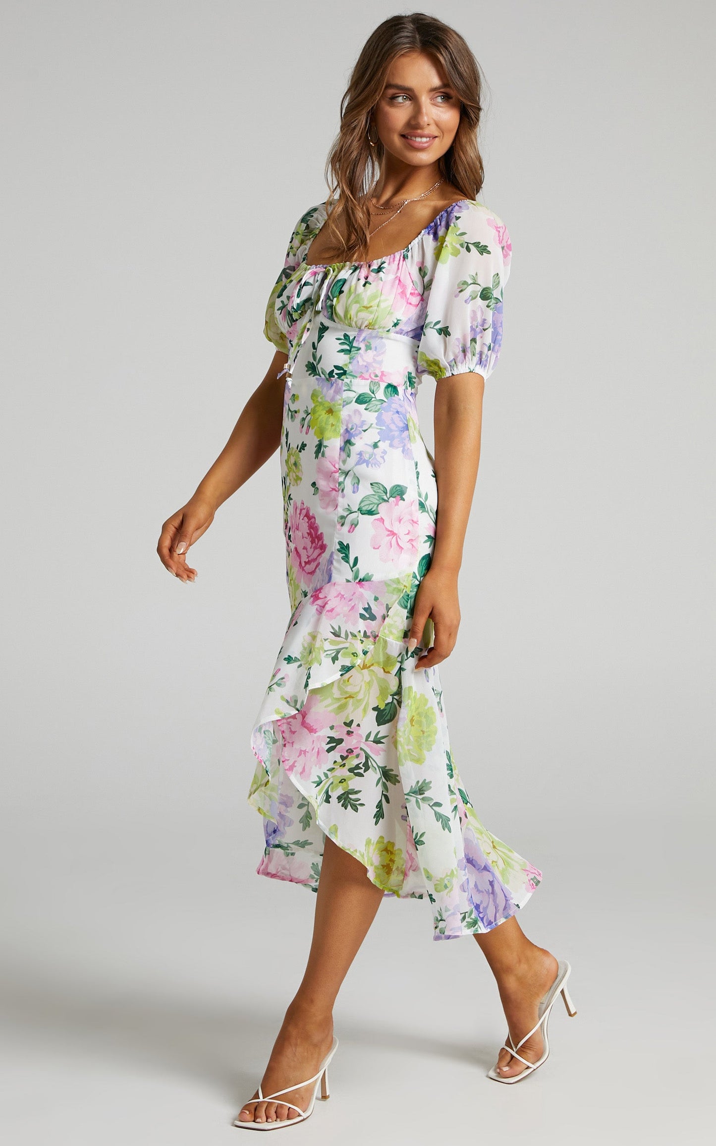 Jasalina Midi Dress - Puff Sleeve Dress in Neon Floral