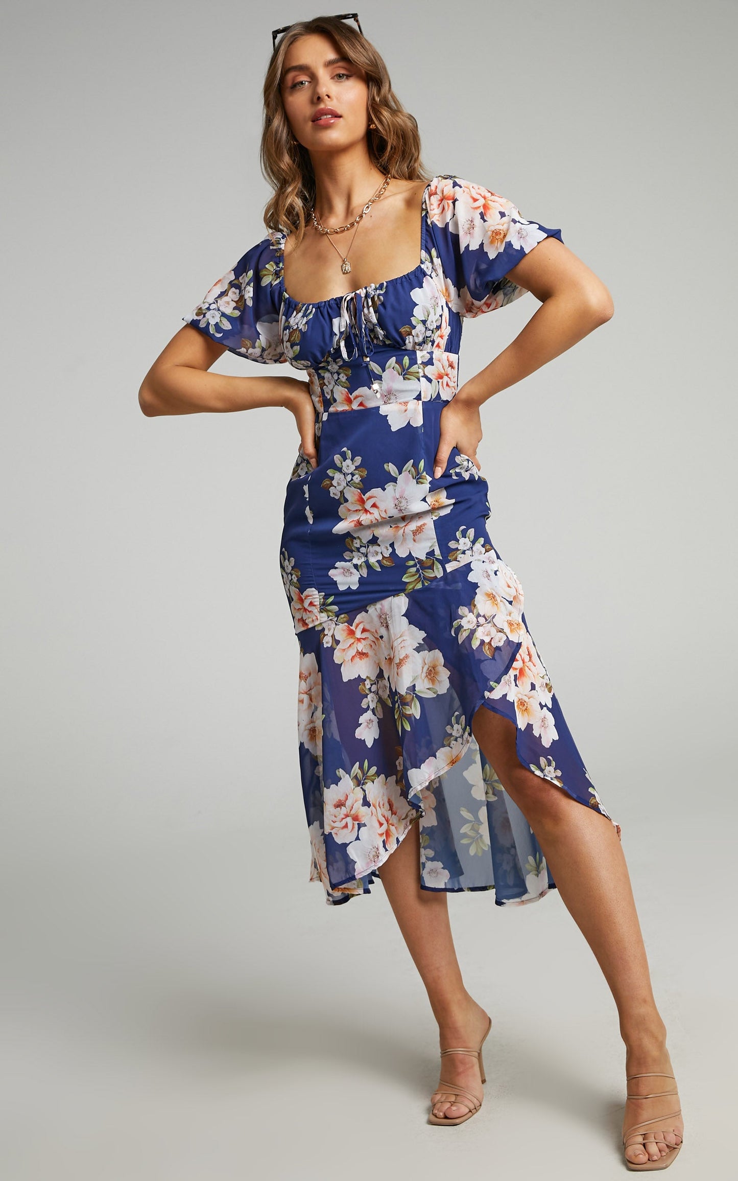 Jasalina Midi Dress - Puff Sleeve Dress in Royal Floral