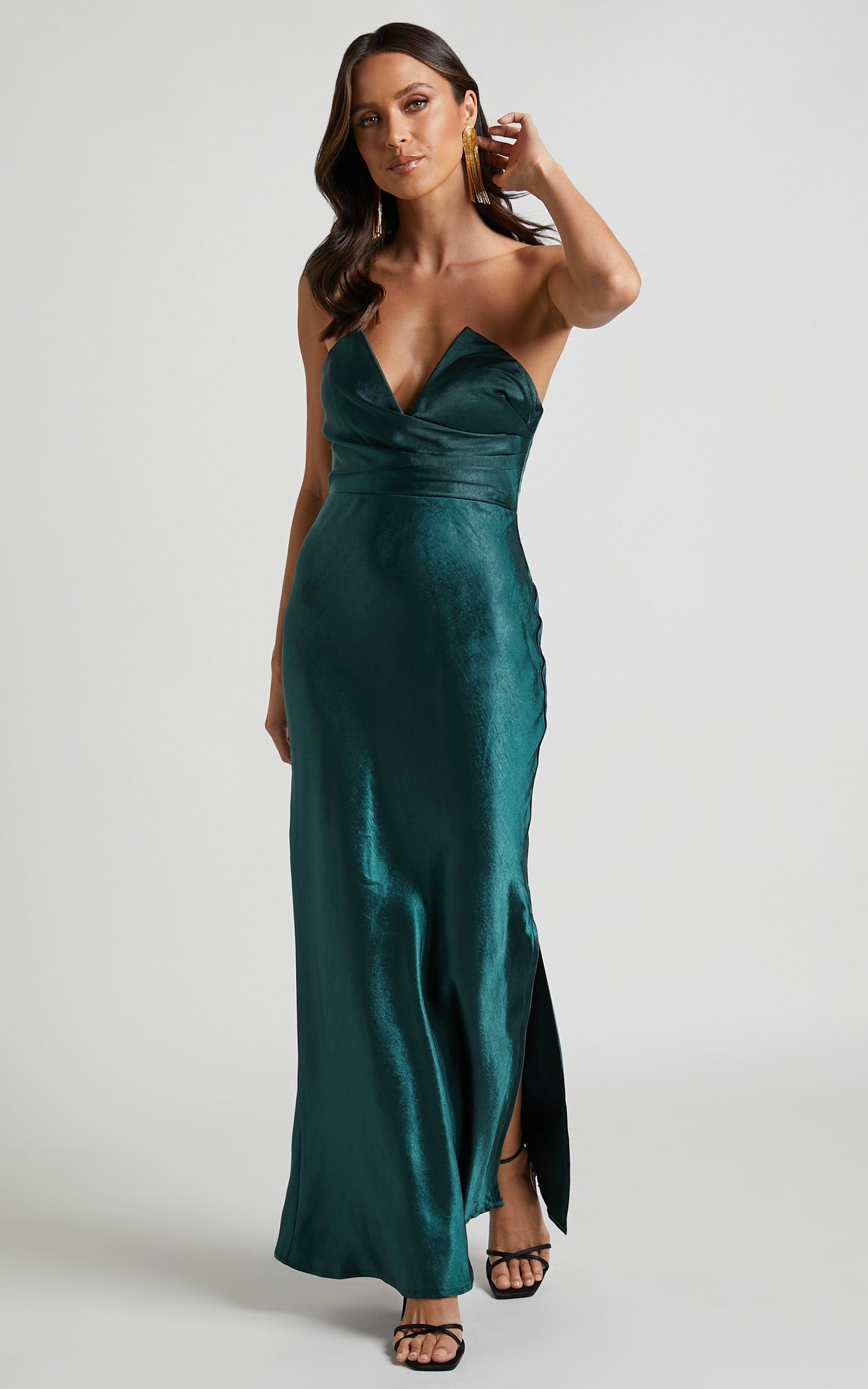 Jaslynn Midi Dress - Strapless V Neck Satin Dress in Jade Green