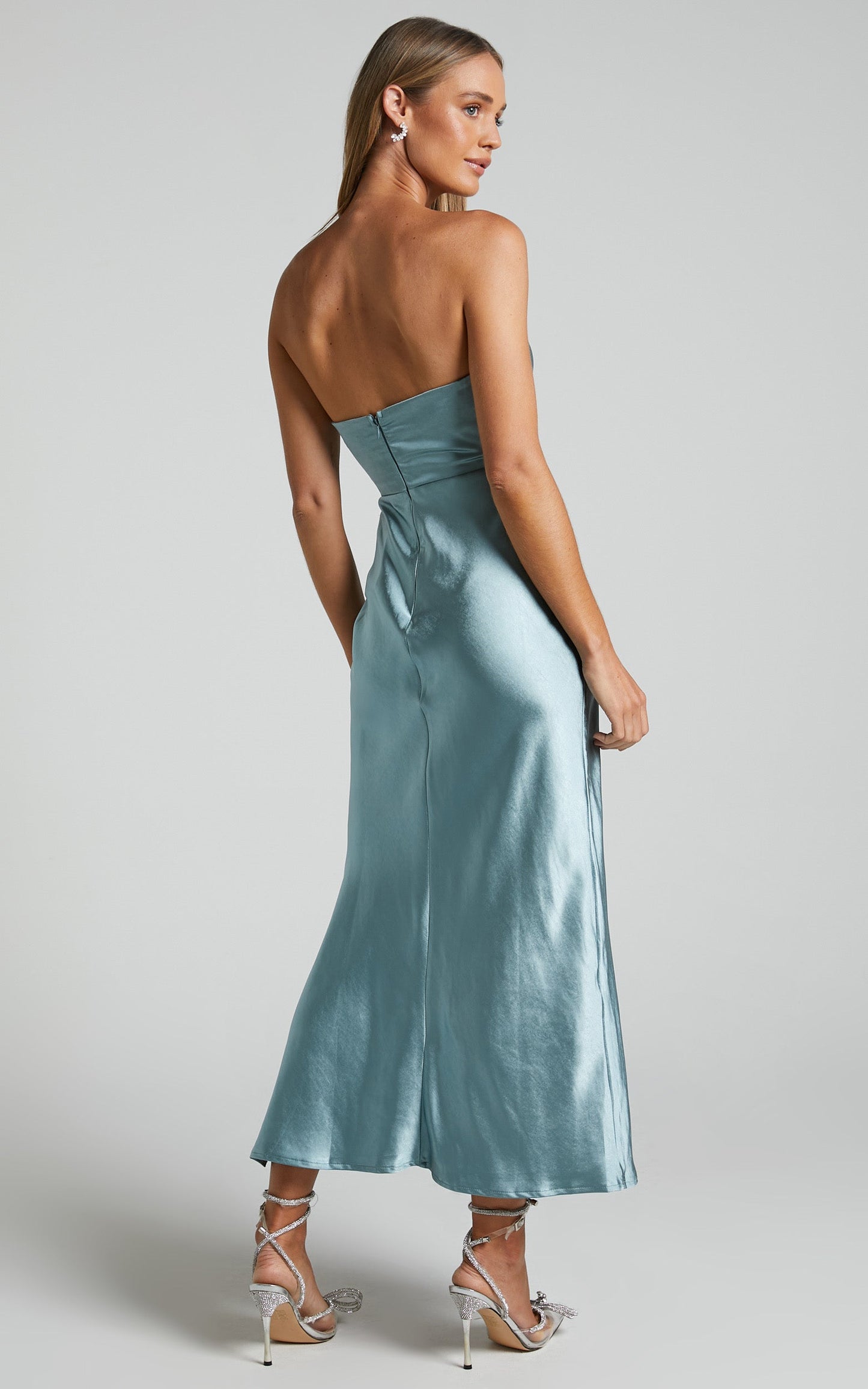 Jaslynn Midi Dress - Strapless V Neck Satin Dress in Ice Blue