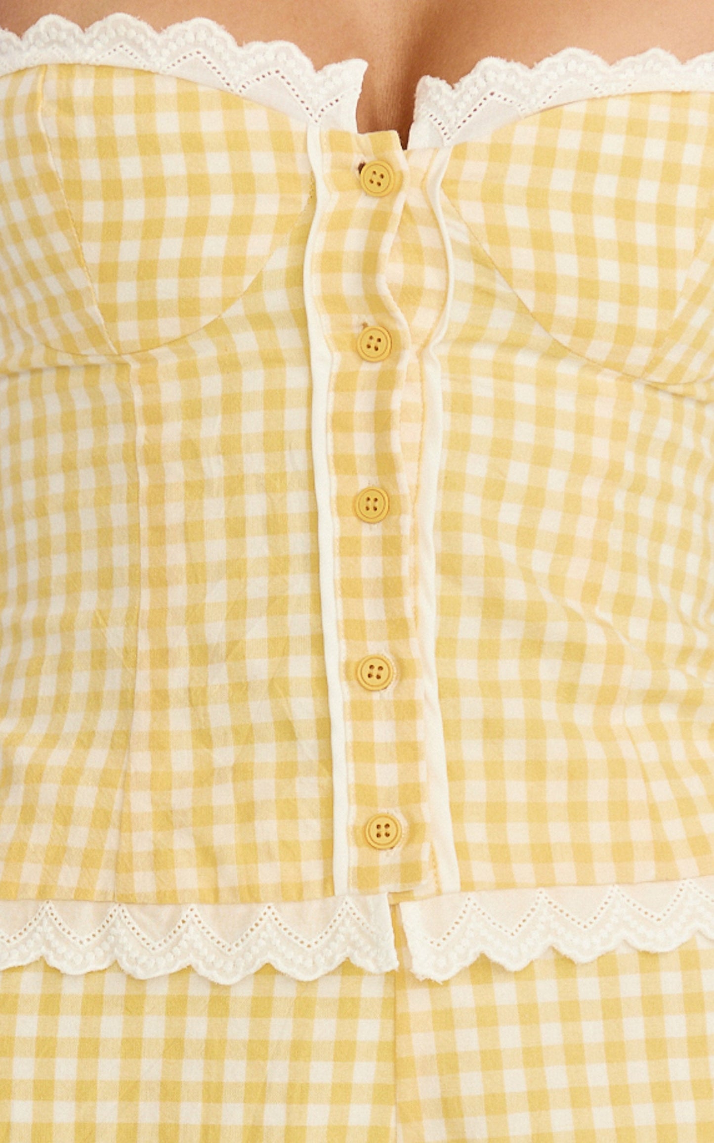Jasmine Two Piece Top and Shorts Set - Gingham Sweetheart Lace Trim Top And Lace Trim Shorts Set in Lemon Gingham