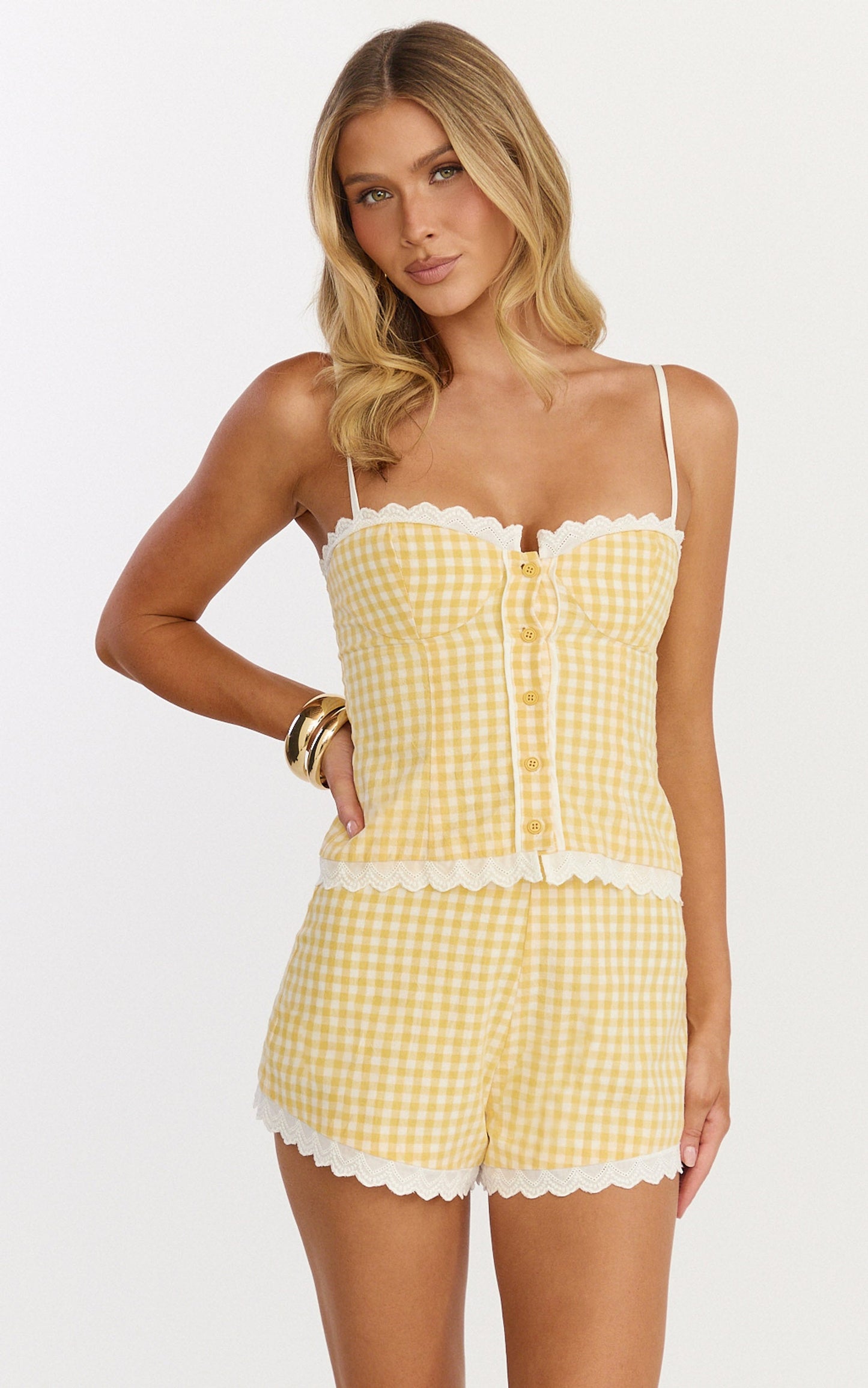 Jasmine Two Piece Top and Shorts Set - Gingham Sweetheart Lace Trim Top And Lace Trim Shorts Set in Lemon Gingham